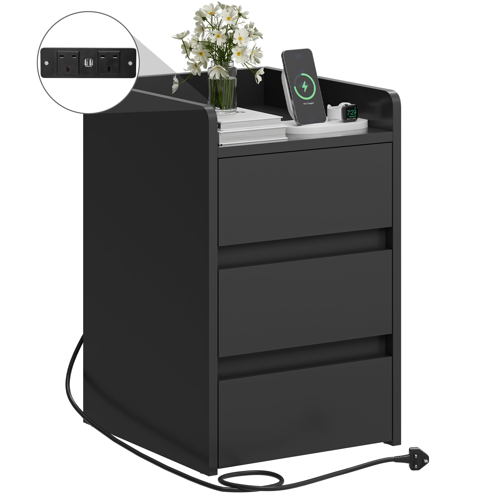 YITAHOME Bedside Table with 3 Drawers and Power Station | Black Engineered Wood | 35 x 40 x 59cm 3