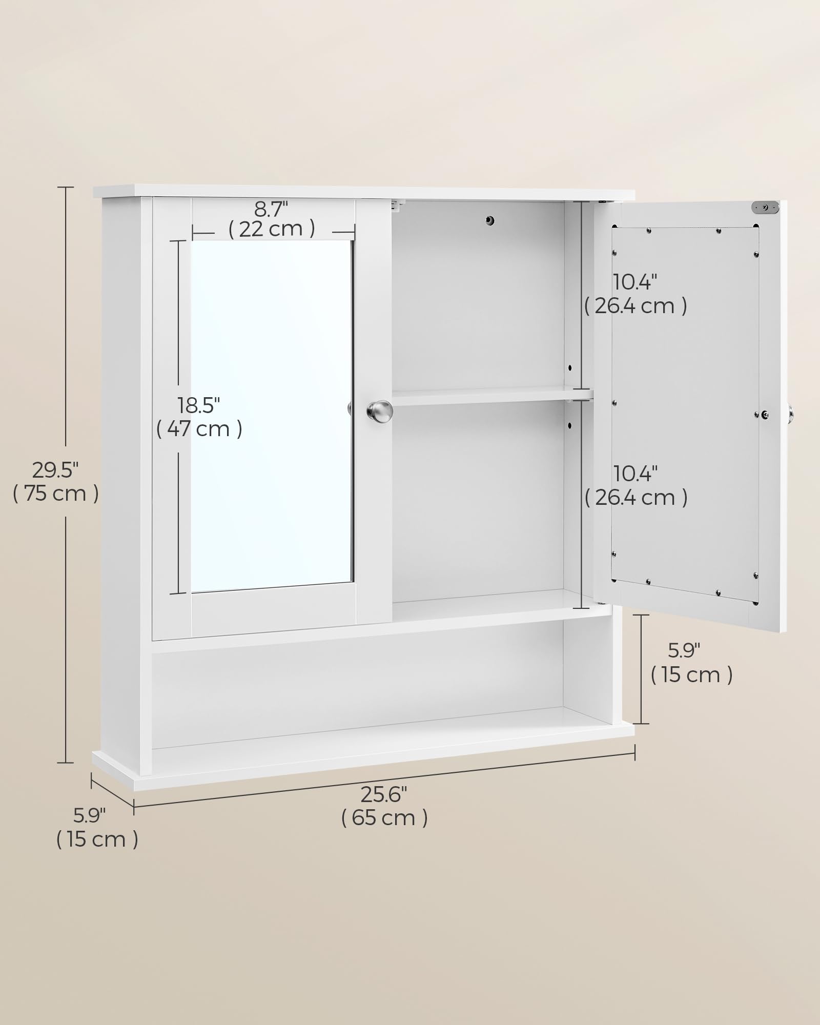 VASAGLE Bathroom Mirror Cabinet with 2 Mirrored Doors and Adjustable Shelf | White | 15 x 65 x 75 cm 3