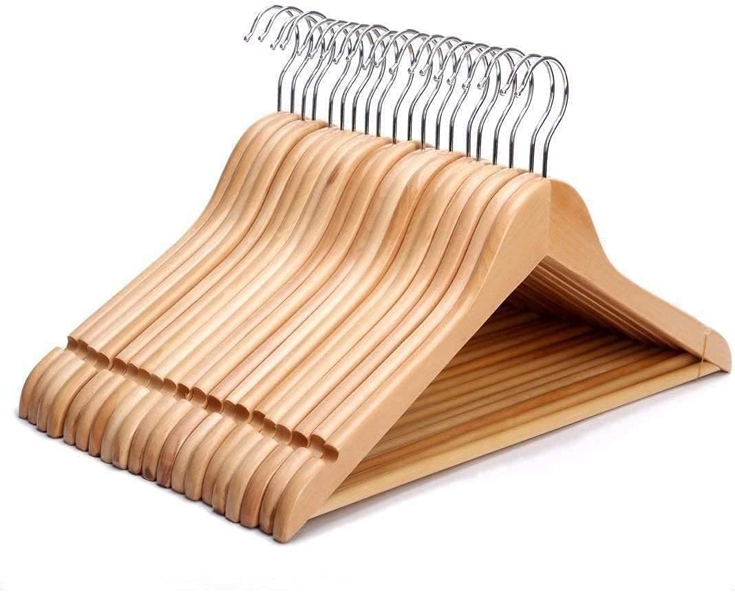 BARGAIN FACTORY Strong Natural Wooden Coat Hangers - 360° Rotatable Hook | Pack of 20