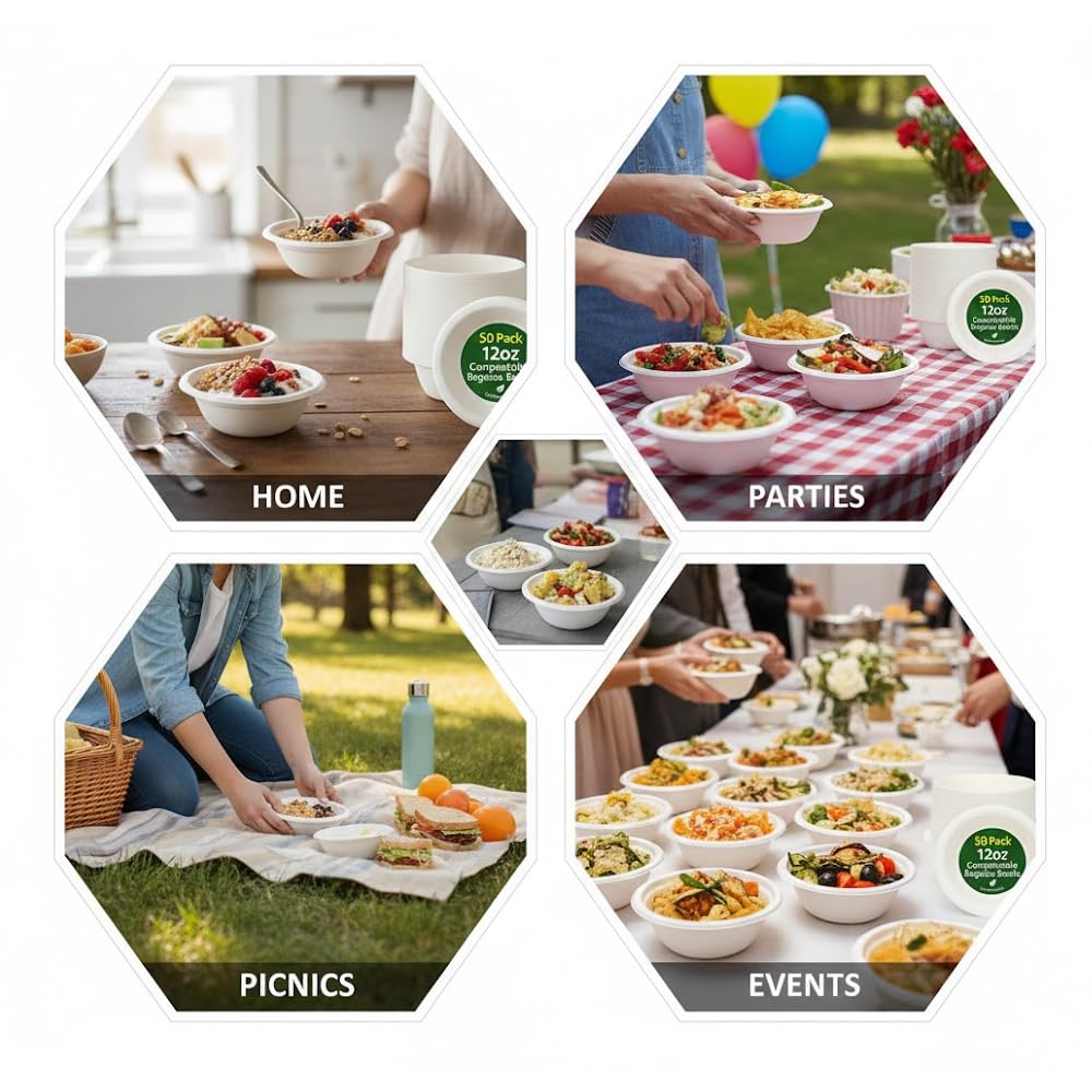 1ABOVE Compostable Bagasse Bowls - 50 Pack, 350ml (12oz) Eco-Friendly Disposable Soup & Salad Bowls 6