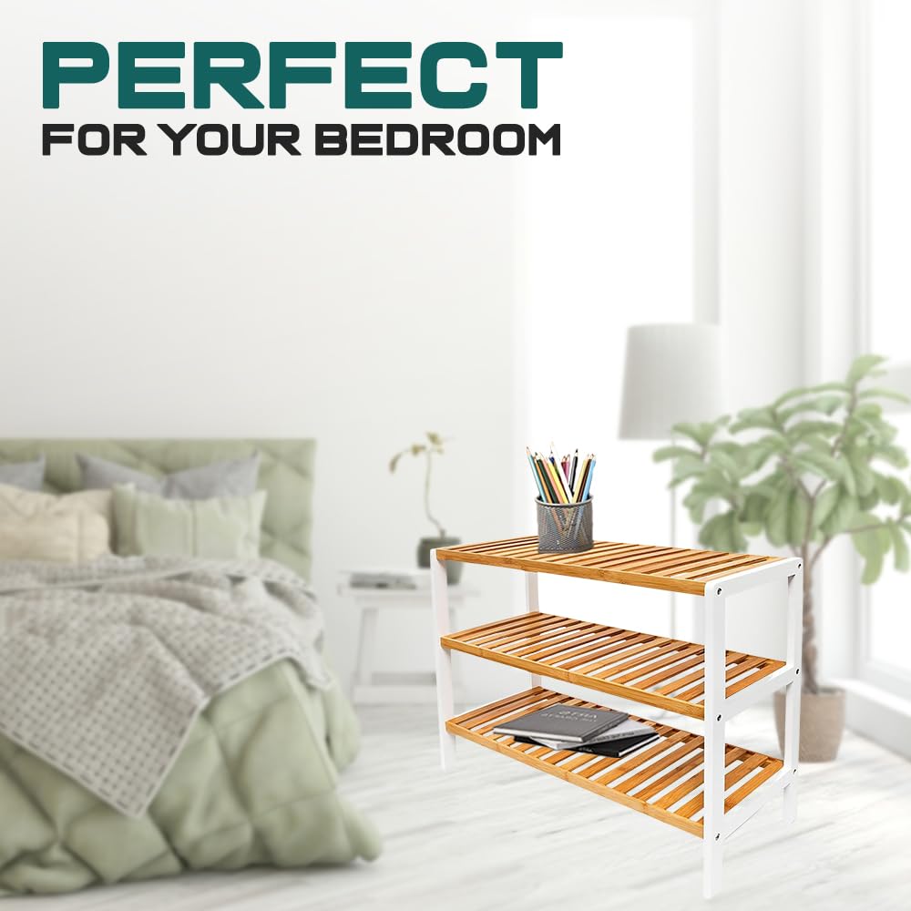 1ABOVE Bamboo Shoe Rack - 3 Tier Storage | White & Natural Wood | Portable | 70x55x25cm 9