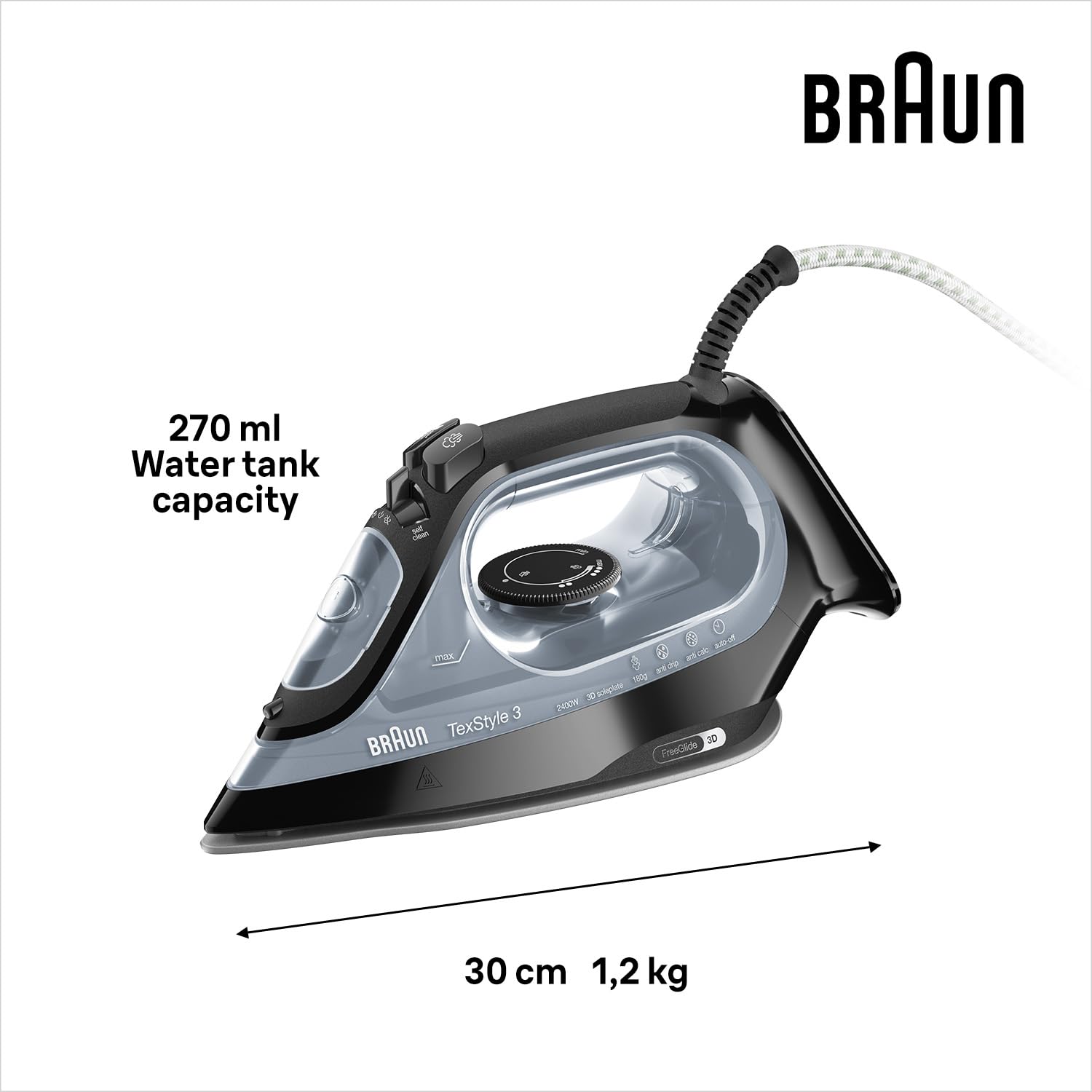 Braun Texstyle 3 SI3055.BK Steam Iron - 180g/Min Steam Shot, 45g/Min Variable Steam, Auto Shut-Off 3