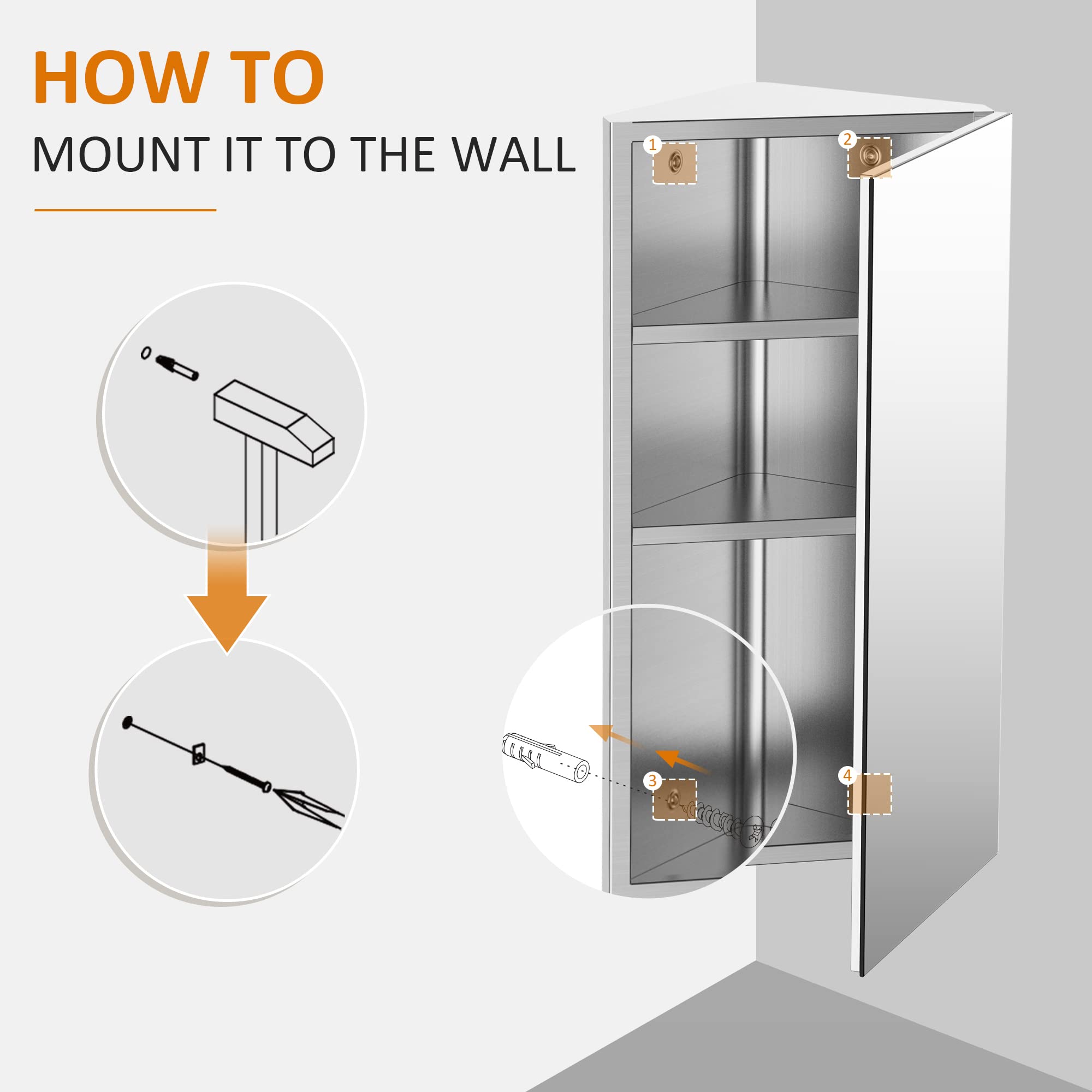 HOMCOM Wall Mount Corner Mirror Cabinet - Stainless Steel | 3 Shelves | Space Saving 8