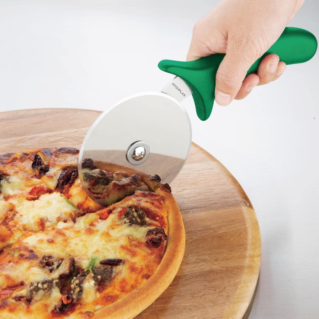 Hygiplas Pro-Grade Pizza Cutter - 102mm/4 inch Stainless Steel Wheel | Green Color-Coded Handle 3