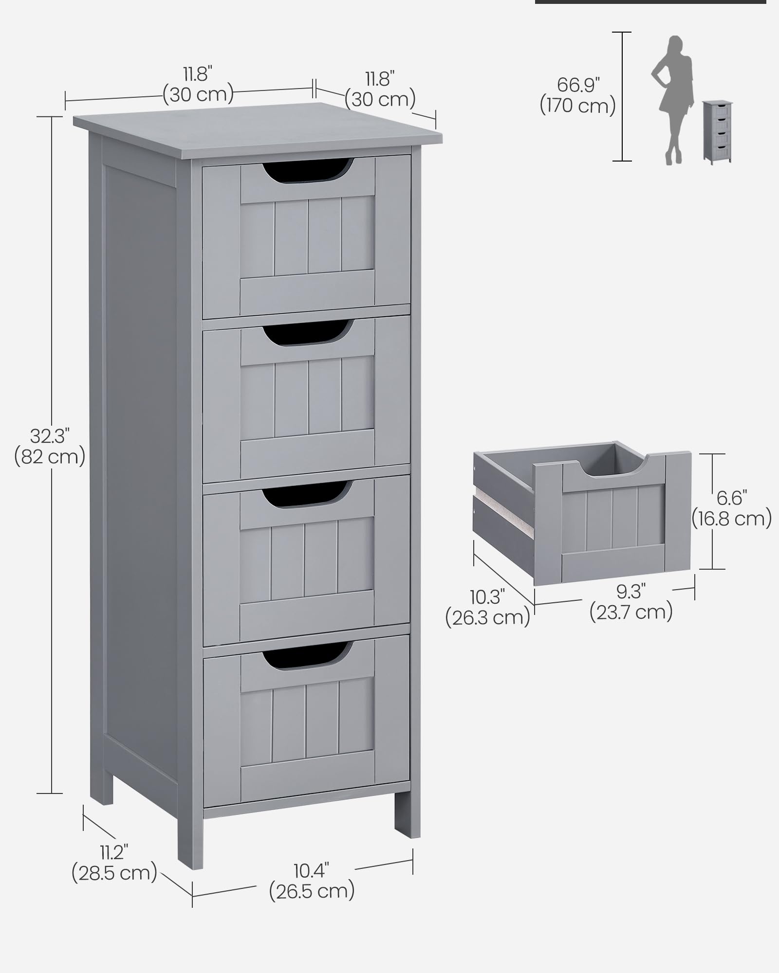 VASAGLE Bathroom Floor Storage Cabinet - 4 Drawers | Mystic Grey | 30 x 30 x 82 cm 3