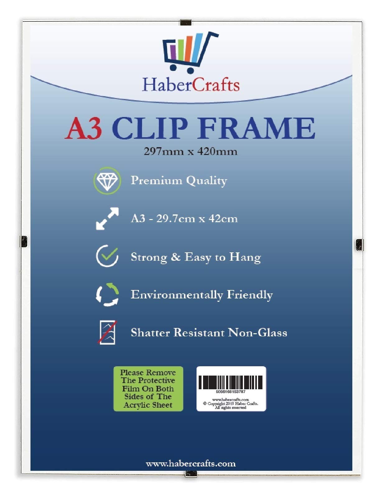 Habercrafts A3 Clip Frame - Frameless Picture Display | MDF Backing | Shatter Resistant Cover | Pack of 1