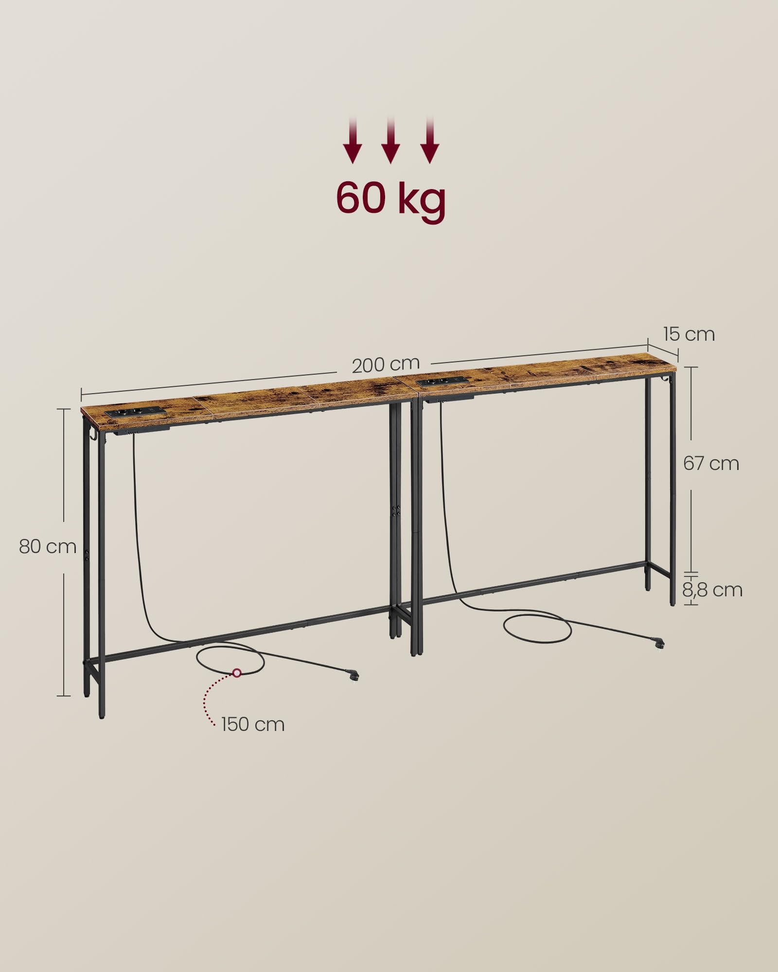 VASAGLE Set of 2 Slim Console Tables with Built-in Charging Station | Rustic Brown & Ink Black | 15 x 100 x 80 cm 3