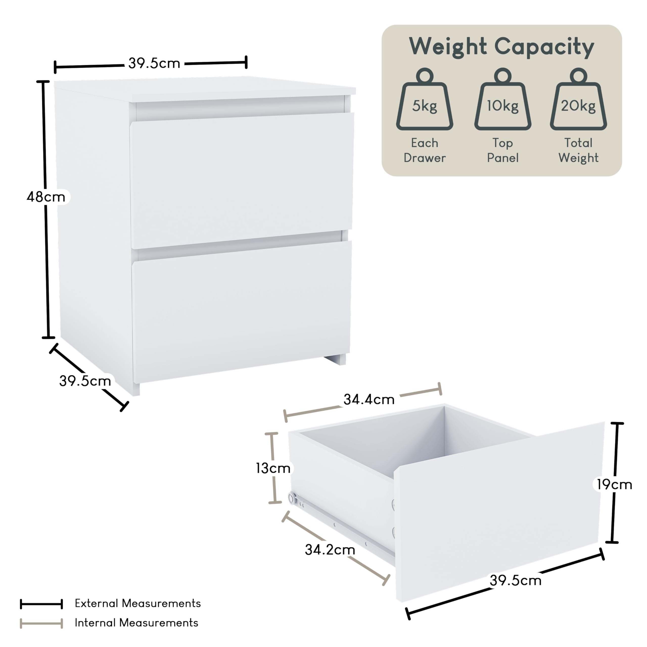 Vida Designs Denver 2 Drawer Large Bedside Cabinet | White Metal Finish | H48 x W39.5 x D39.5 cm 2