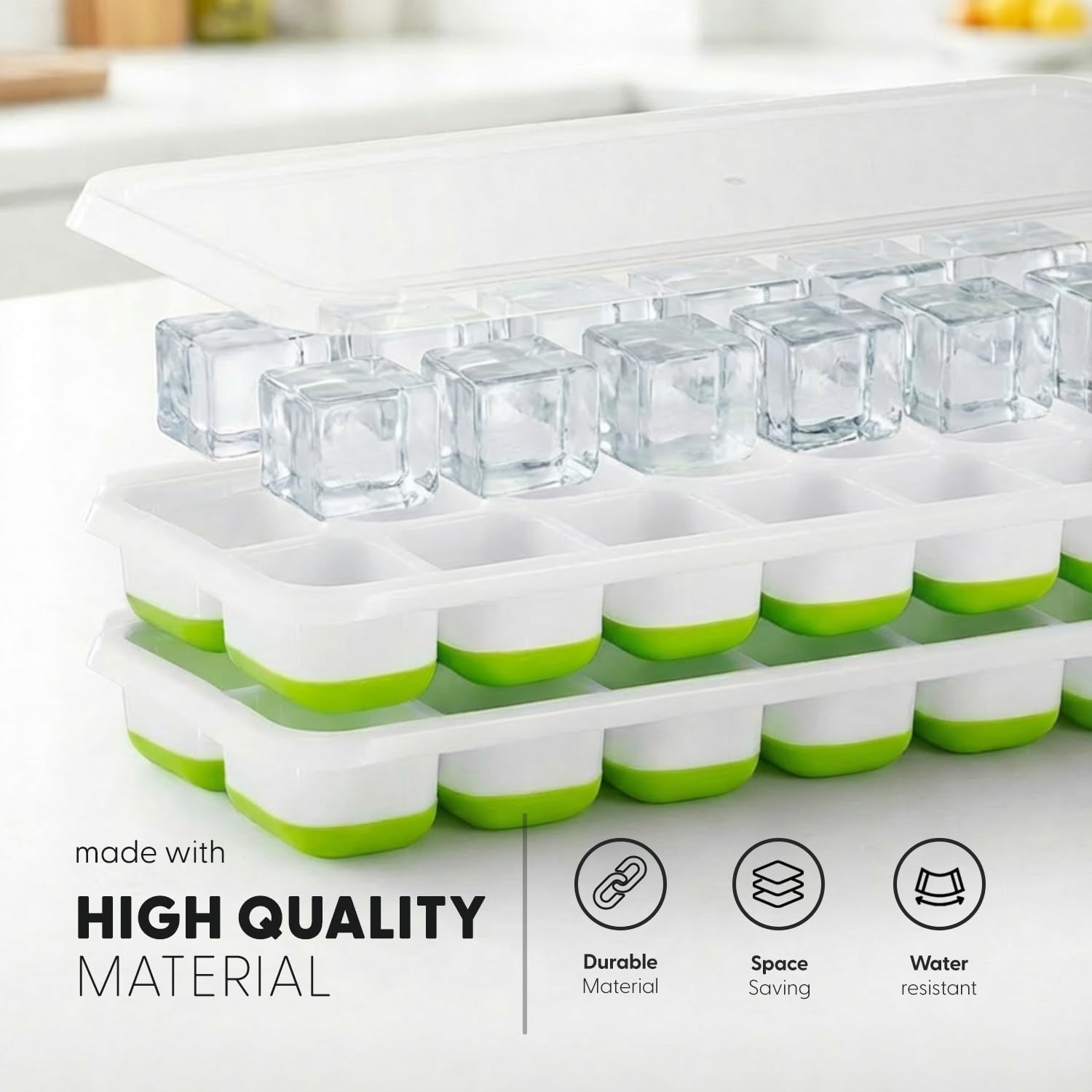 KEPLIN 2 Pack Silicone Ice Cube Trays with Lids - Easy Release, Stackable | Green 4