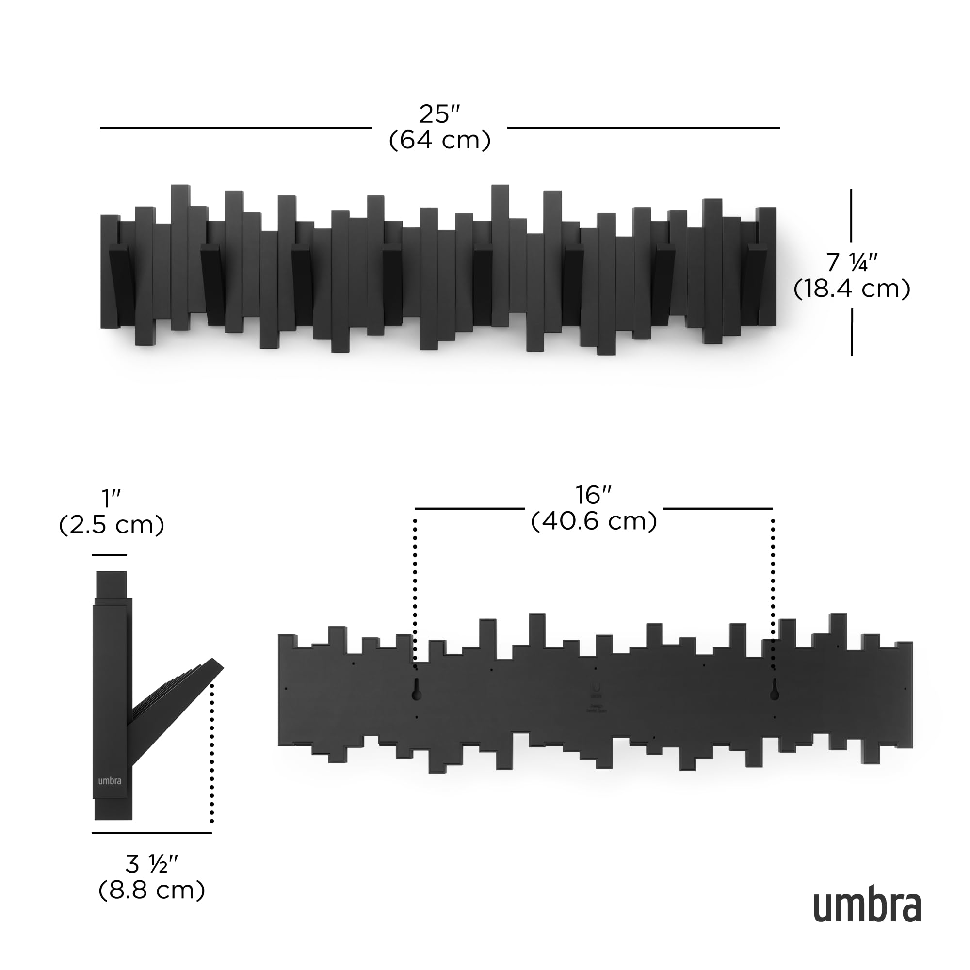 Umbra Sticks Wall-Mounted Coat Rack Rail Hook - 8 Retractable Pegs | Black | Polystyrene 3