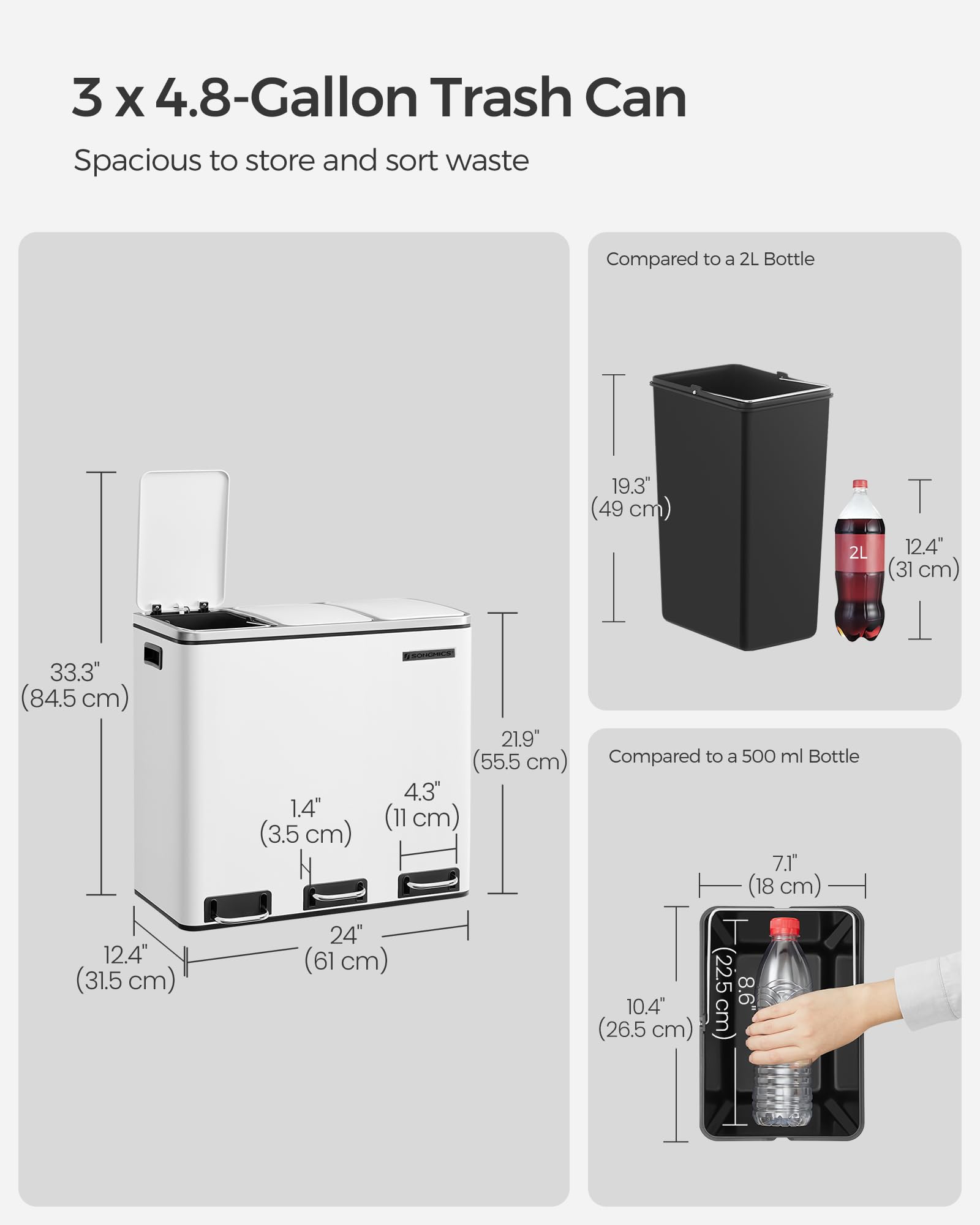 SONGMICS Kitchen Waste Separation System - 3 x 18L Compartments, Soft-Close Lids, Steel, Cloud White 7