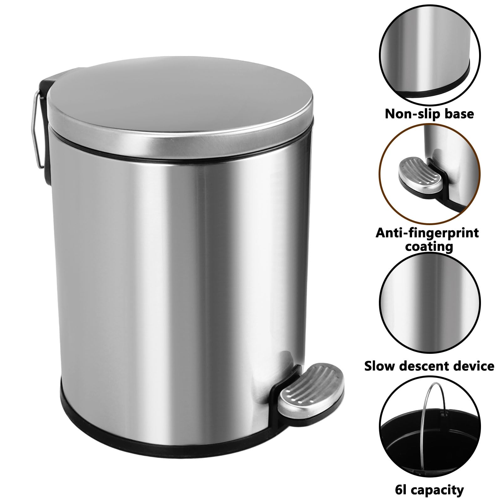 ASelected 6L Round Bathroom Pedal Bin | Stainless Steel | Anti-Fingerprint | Silver 5