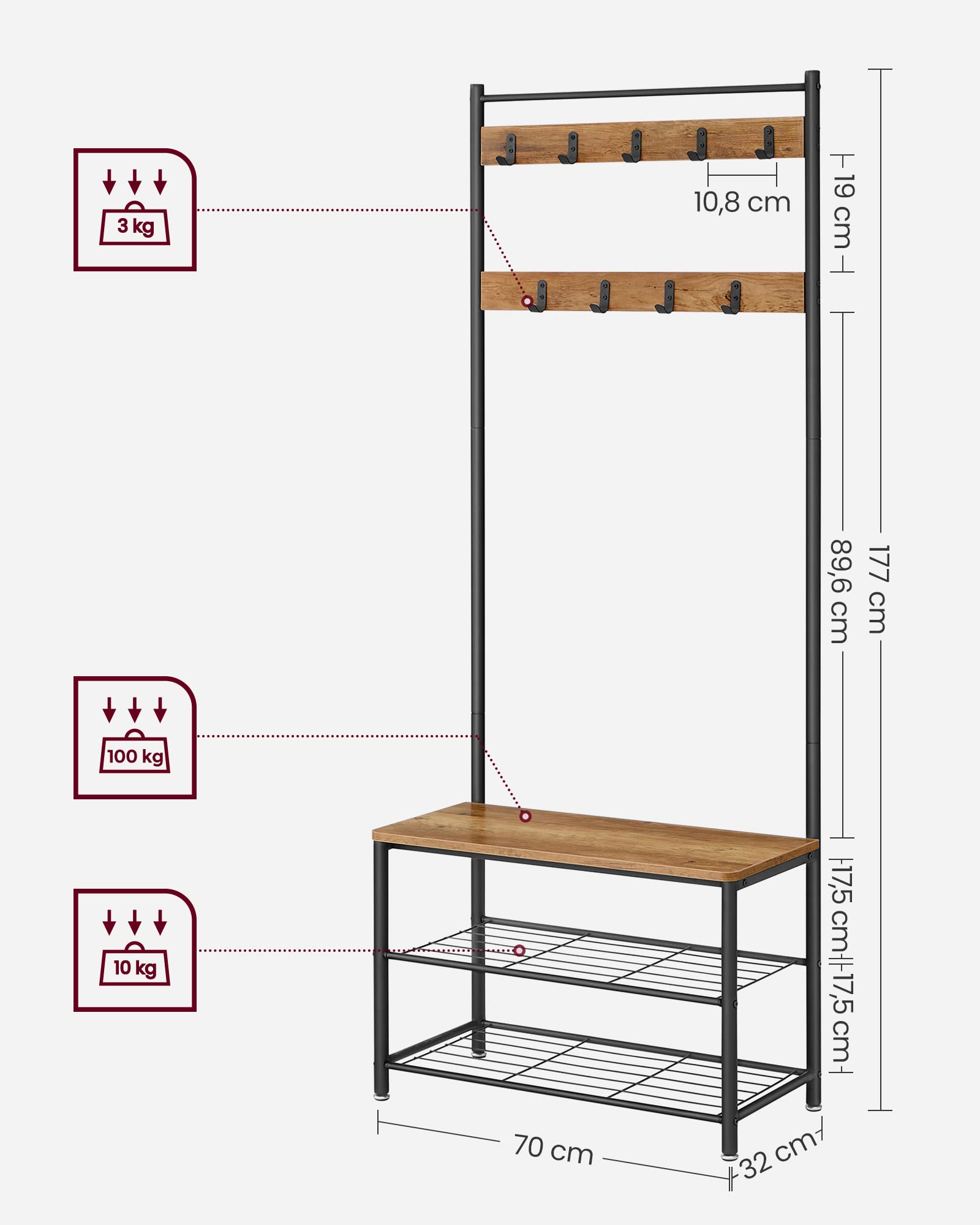 VASAGLE Hallway Storage Coat Rack with Shoe Bench | 9 Hooks | Chestnut Brown + Black 7