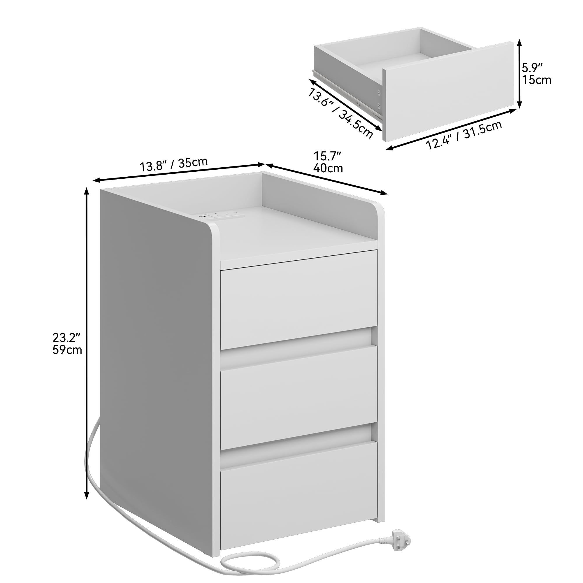 YITAHOME Bedside Table with 3 Drawers and Built-in Power Station | White Engineered Wood | 35x40x59cm 2