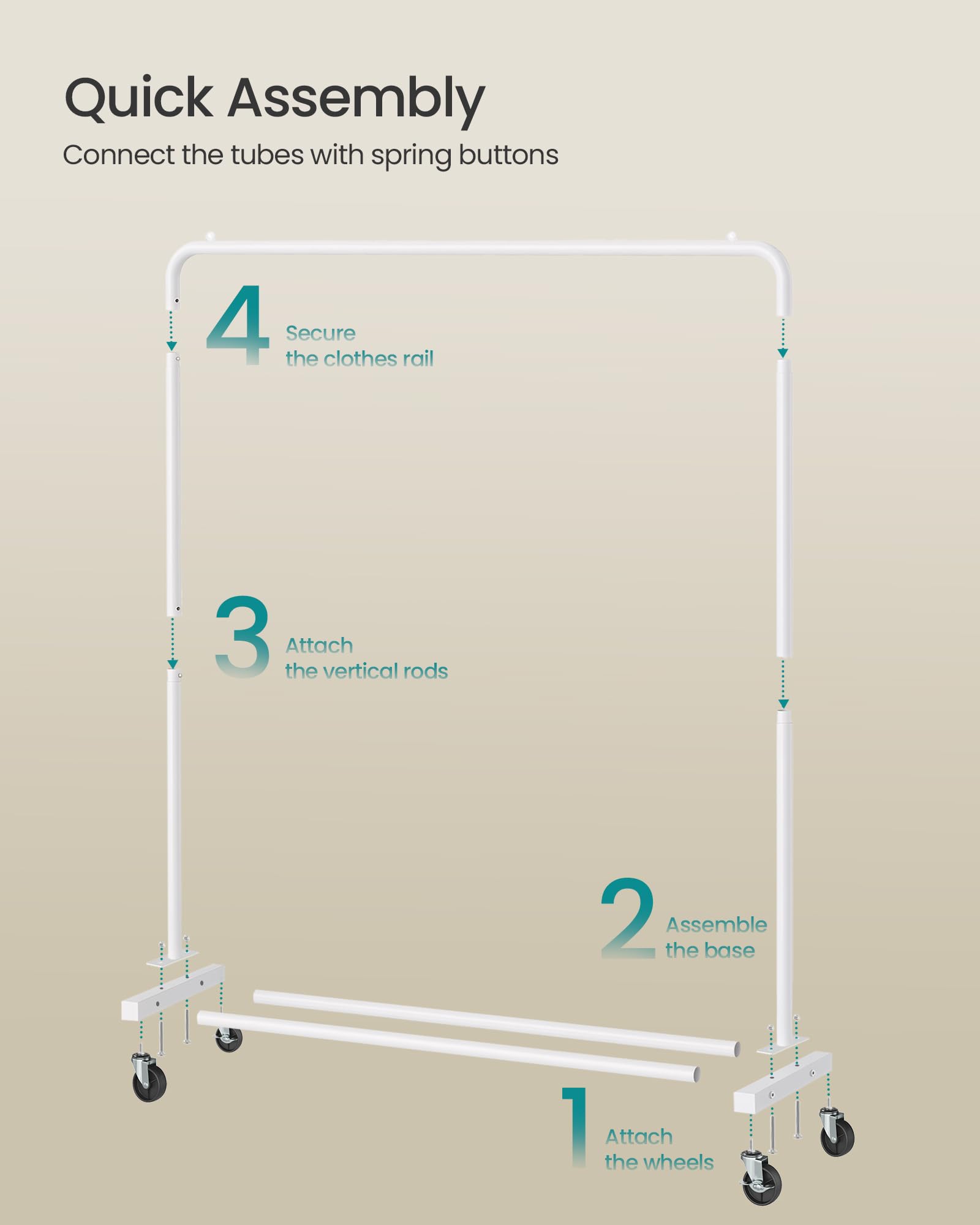 SONGMICS Clothes Rack on Wheels - 110cm Wide, 50kg Capacity, Matte White Steel 6