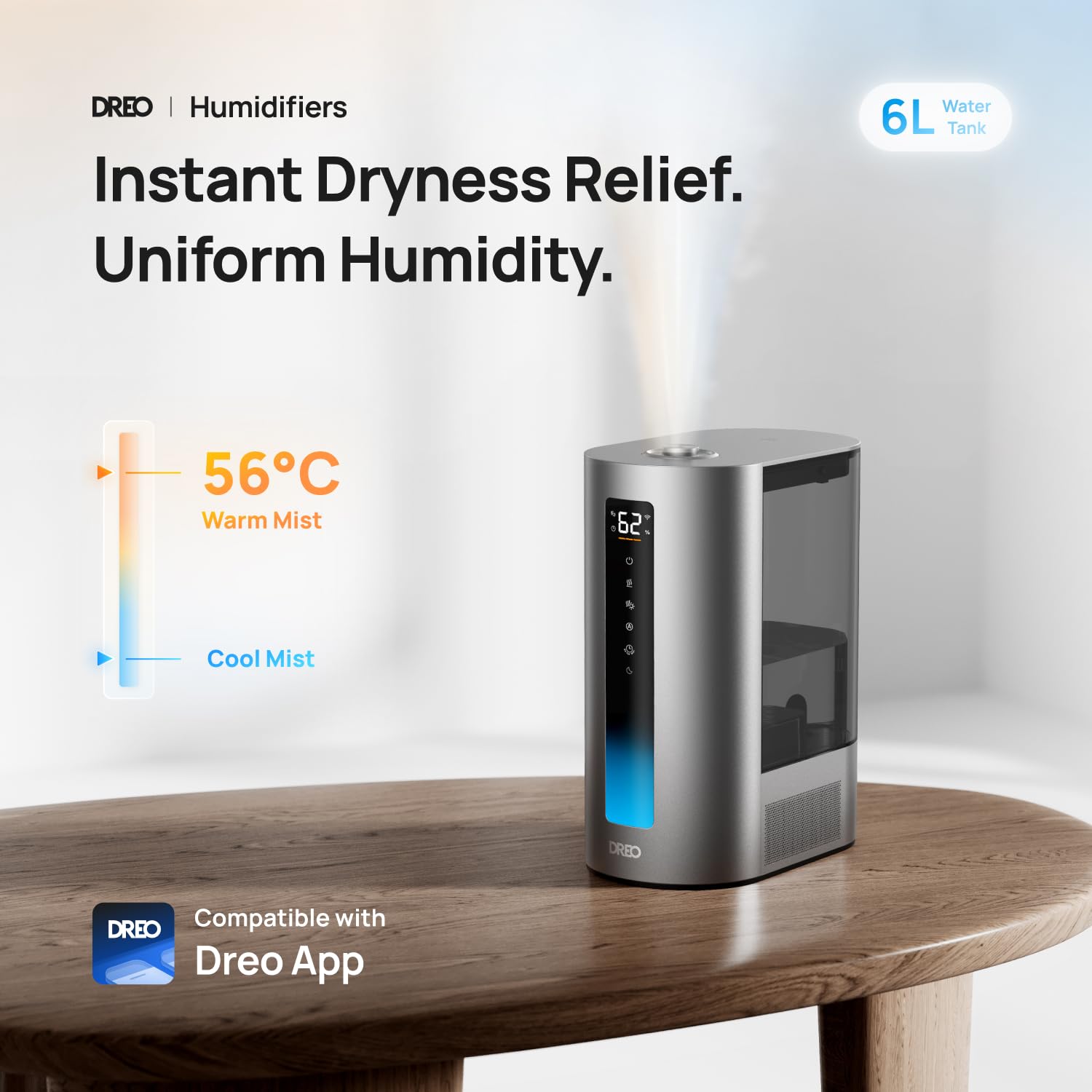 Dreo Smart Humidifier for Bedroom - 6L Warm & Cool Mist | 500mL/hr Output | App Control