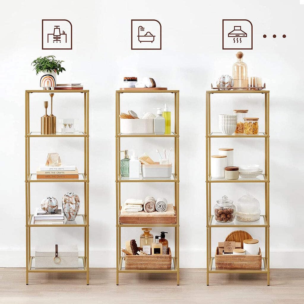 VASAGLE 5-Tier Glass Shelf Bookcase - Tempered Glass, Metallic Gold Frame | 40W x 124.5H cm 6