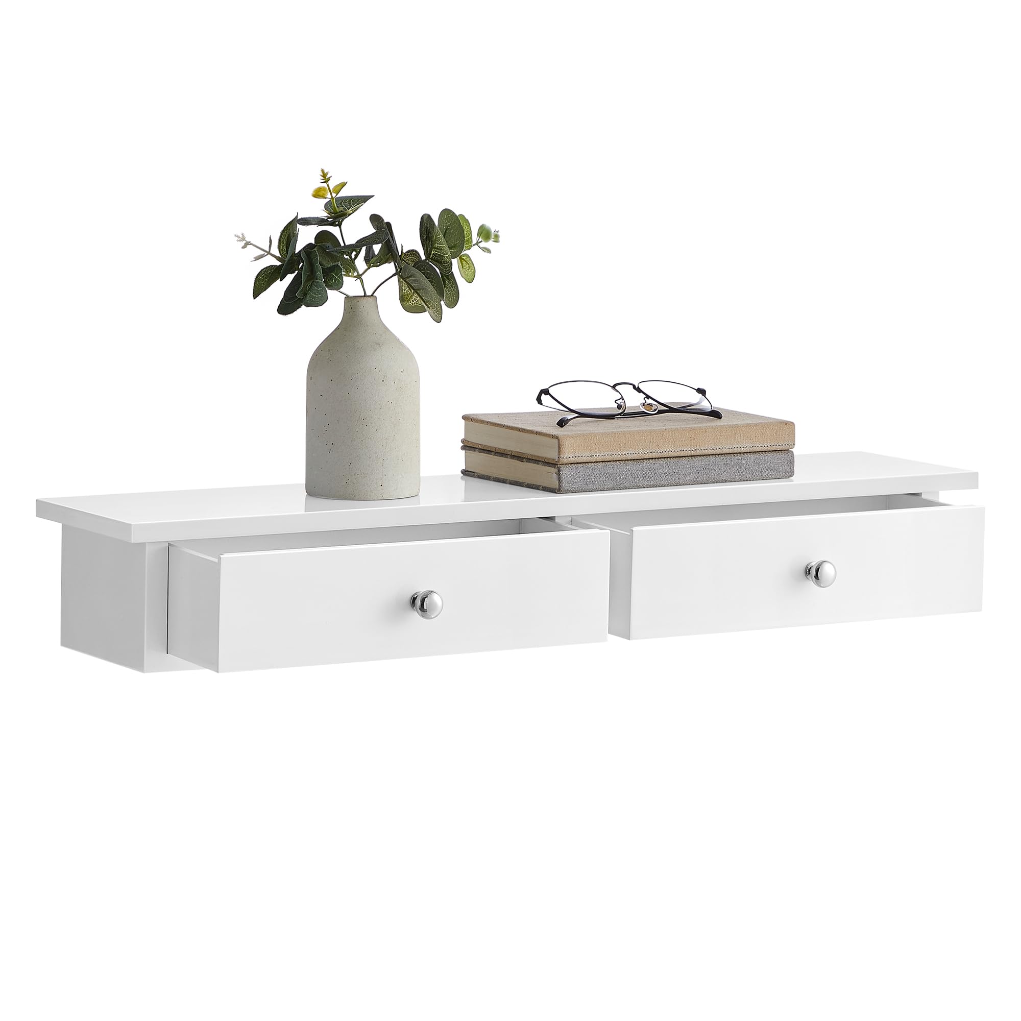 SONGMICS Floating Wall Shelf with 2 Drawers | White Engineered Wood | 65 x 15 x 10 cm | 15 kg Capacity 1