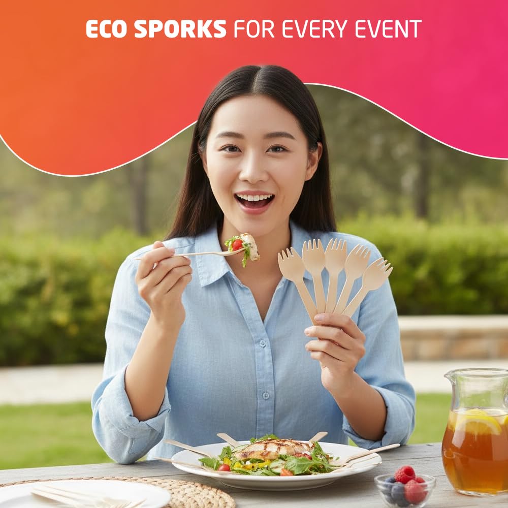 1ABOVE 100pcs Birch Wood Sporks - 15.5cm Eco-Friendly Disposable Cutlery for Parties 4