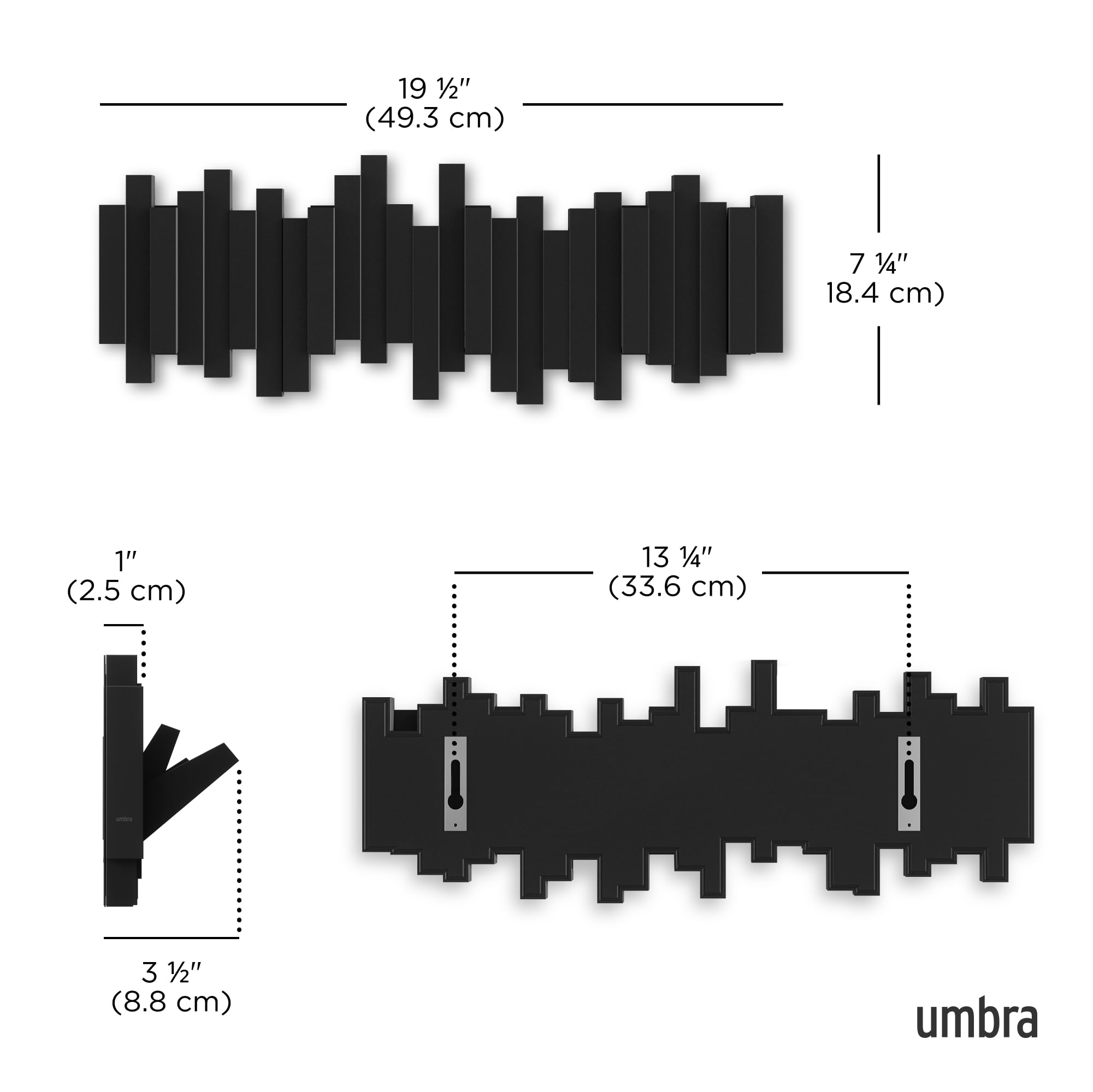 Umbra Sticks Wall-Mounted Coat Rack Rail Hook with 5 Retractable Pegs | Black Plastic 3