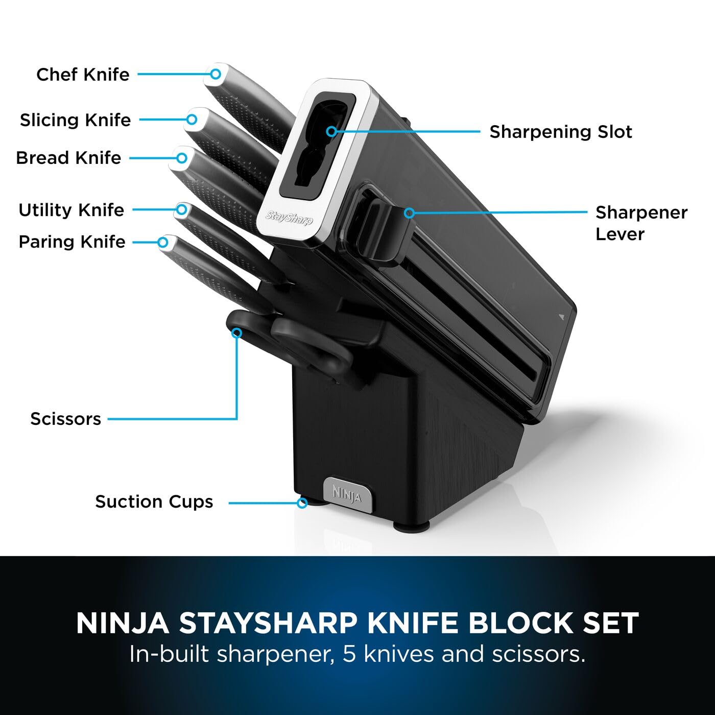Ninja StaySharp 6-Piece Kitchen Knife Set with Integrated Sharpener and Scissors | German Stainless Steel 6