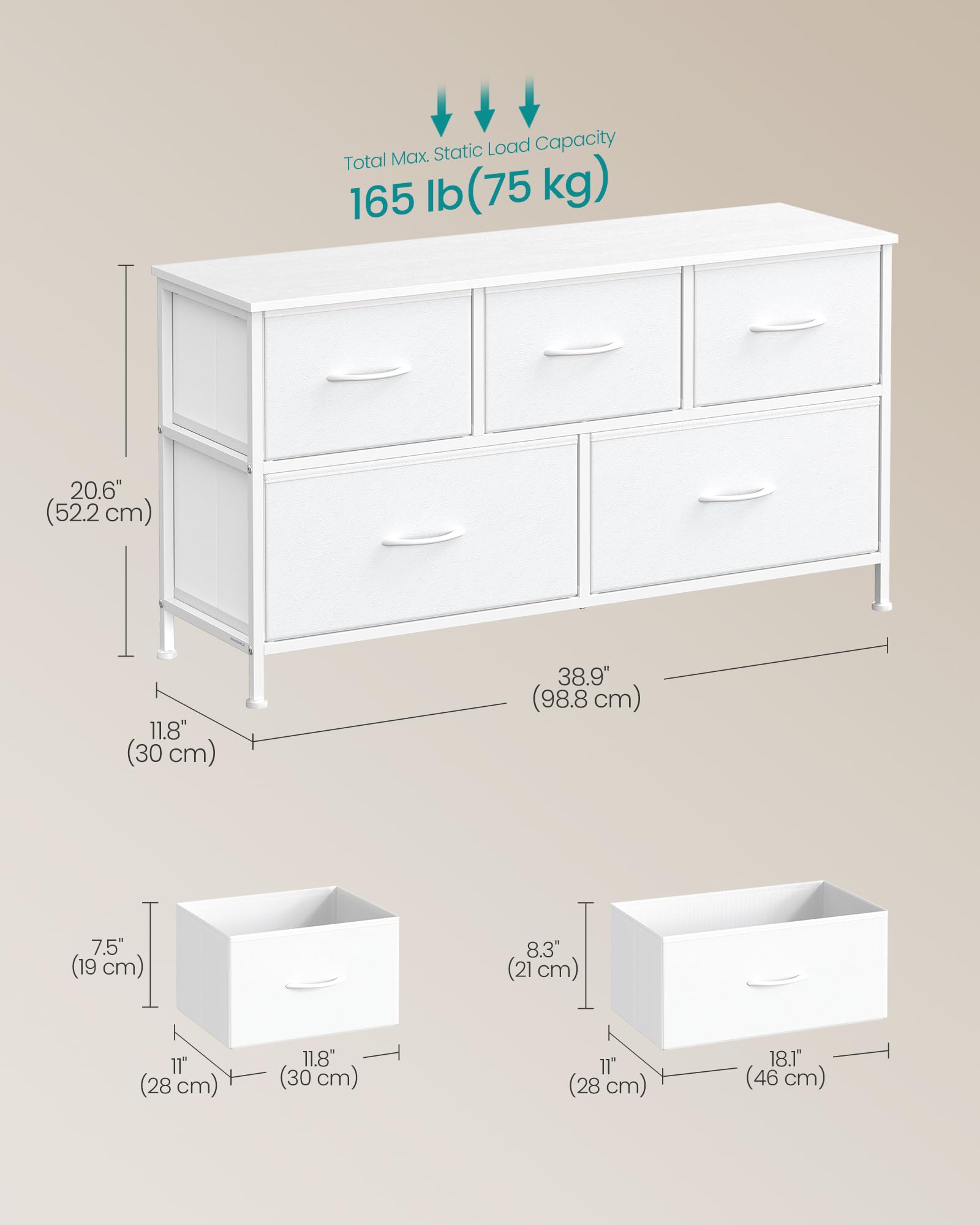 SONGMICS Chest of Drawers - 5 Storage Drawers | Steel Frame | Cloud White + Snow White 2