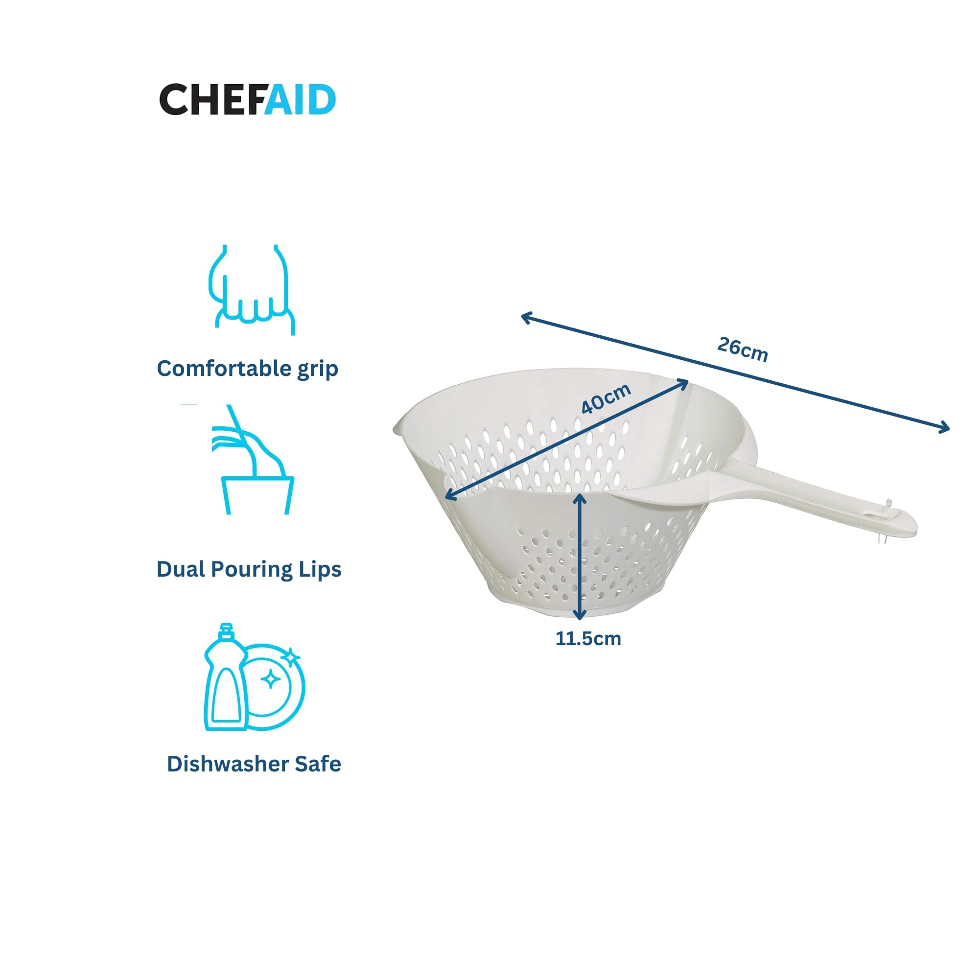 Chef Aid Plastic Colander - 23cm Diameter | Ergonomic Handle | Dishwasher Safe 2