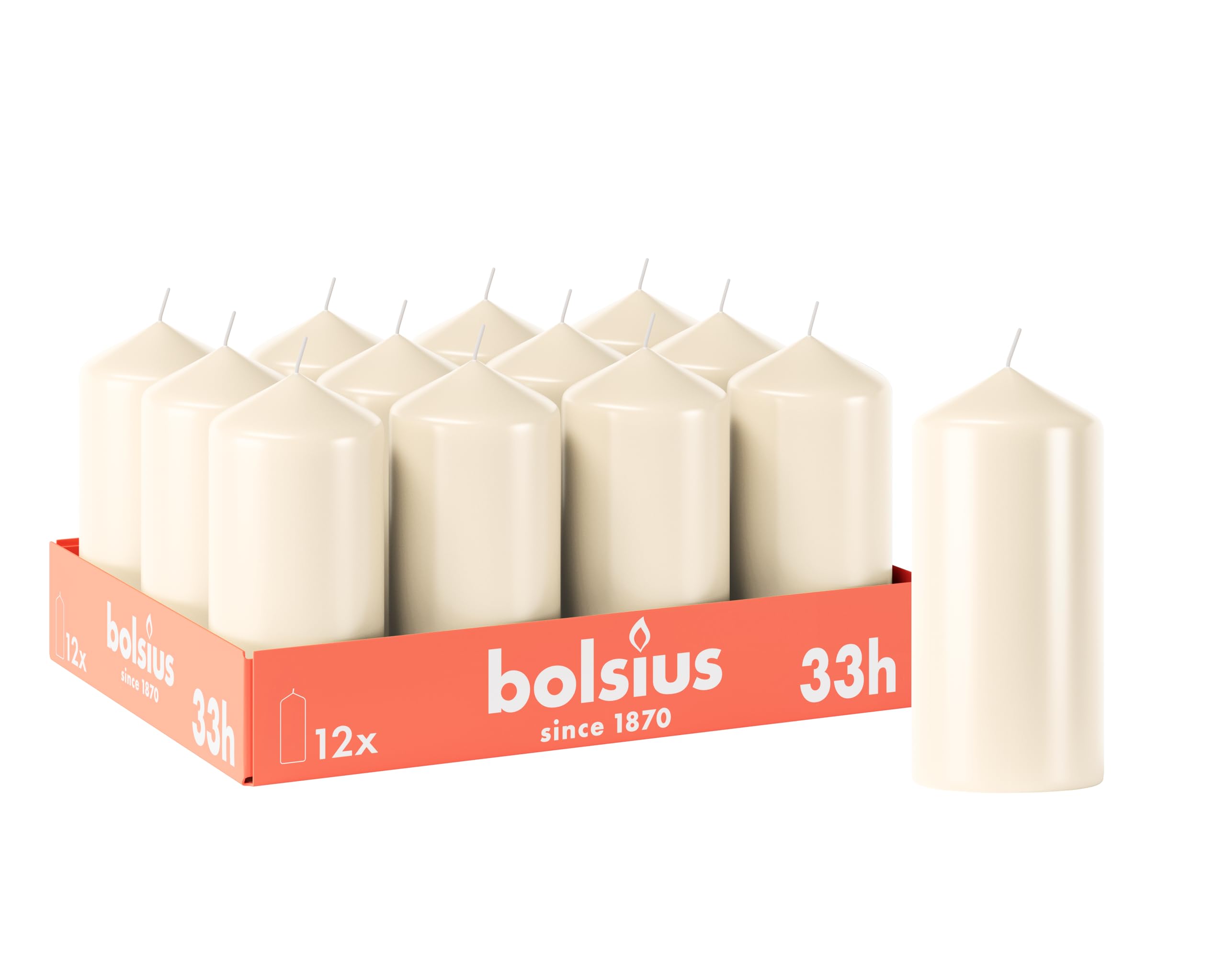 BOLSIUS Smooth Pillar Candles - Ivory | 12 Pack | 12 x 6 cm | 33 Hr Burn Time | Unscented