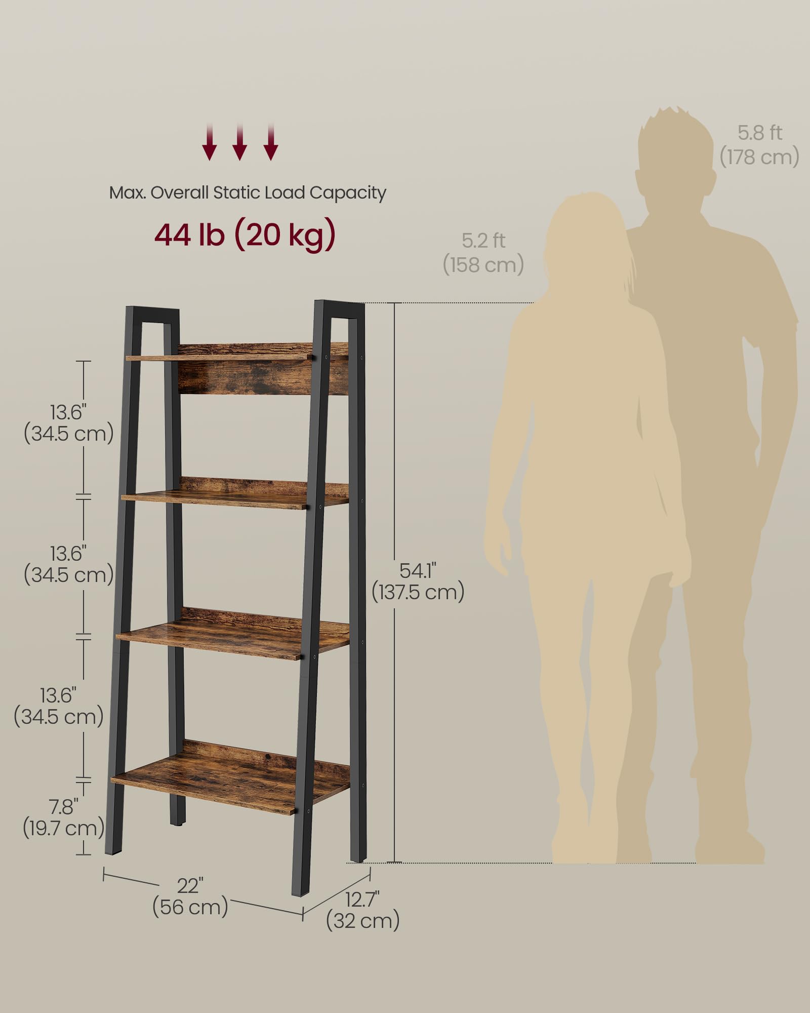VASAGLE 4-Tier Ladder Shelf - Industrial Bookcase for Home Office, Rustic Brown/Black | 56W x 34D cm 7