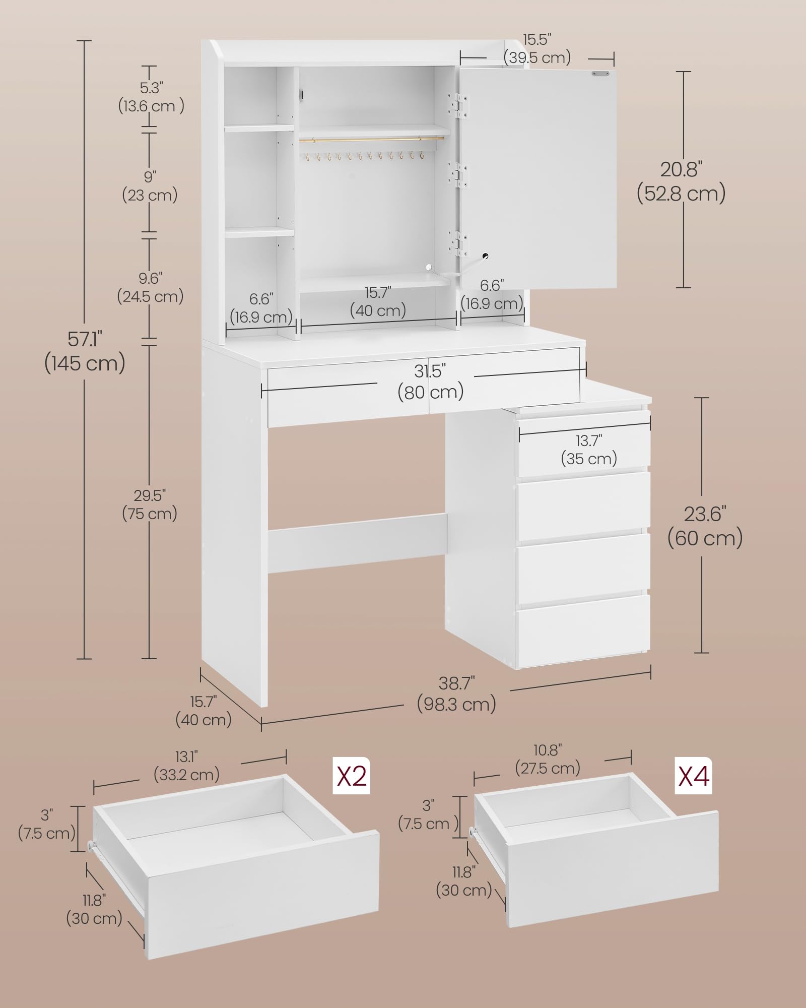 VASAGLE KAILYN Collection Dressing Table with LED Lights | Cloud White | 97.5D cm 5