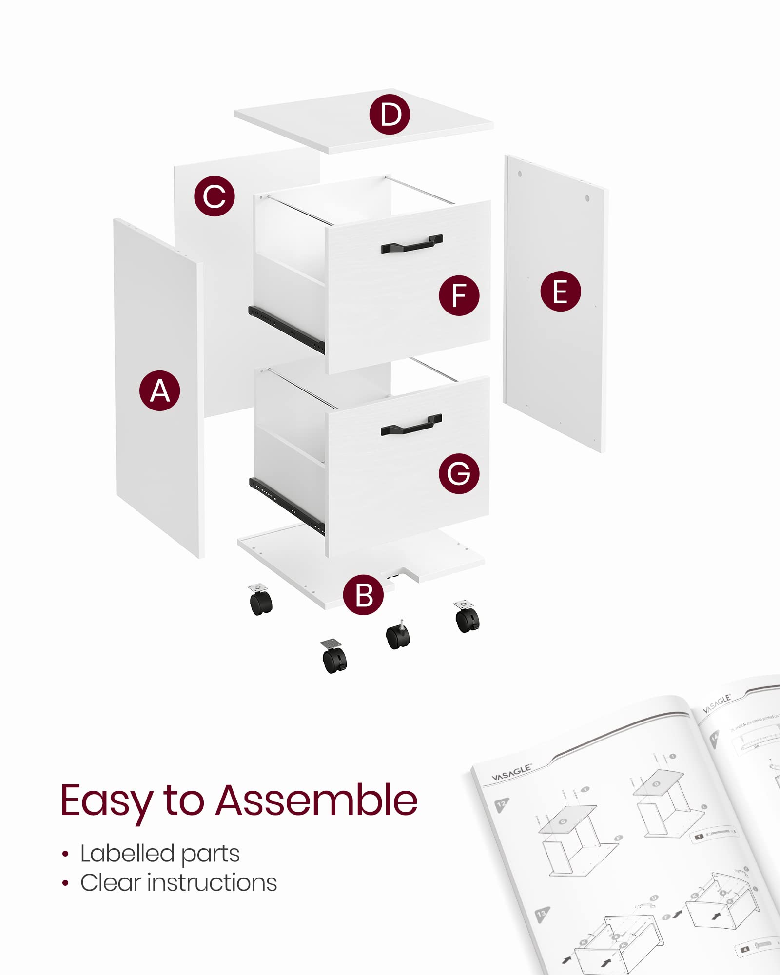 VASAGLE 2-Drawer Mobile File Cabinet - Rolling, Lockable, White | Fits A4/Letter Files 9