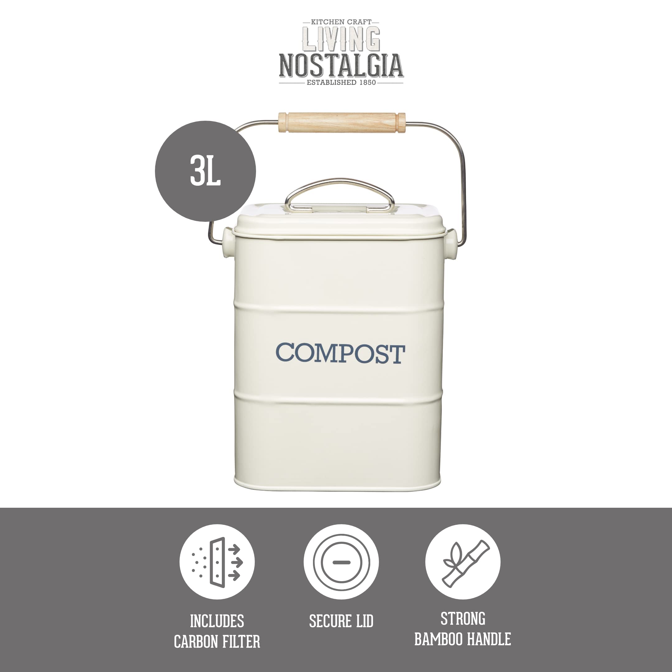 KitchenCraft Living Nostalgia Metal Kitchen Composter - 3L Capacity | Carbon Steel | Cream 2
