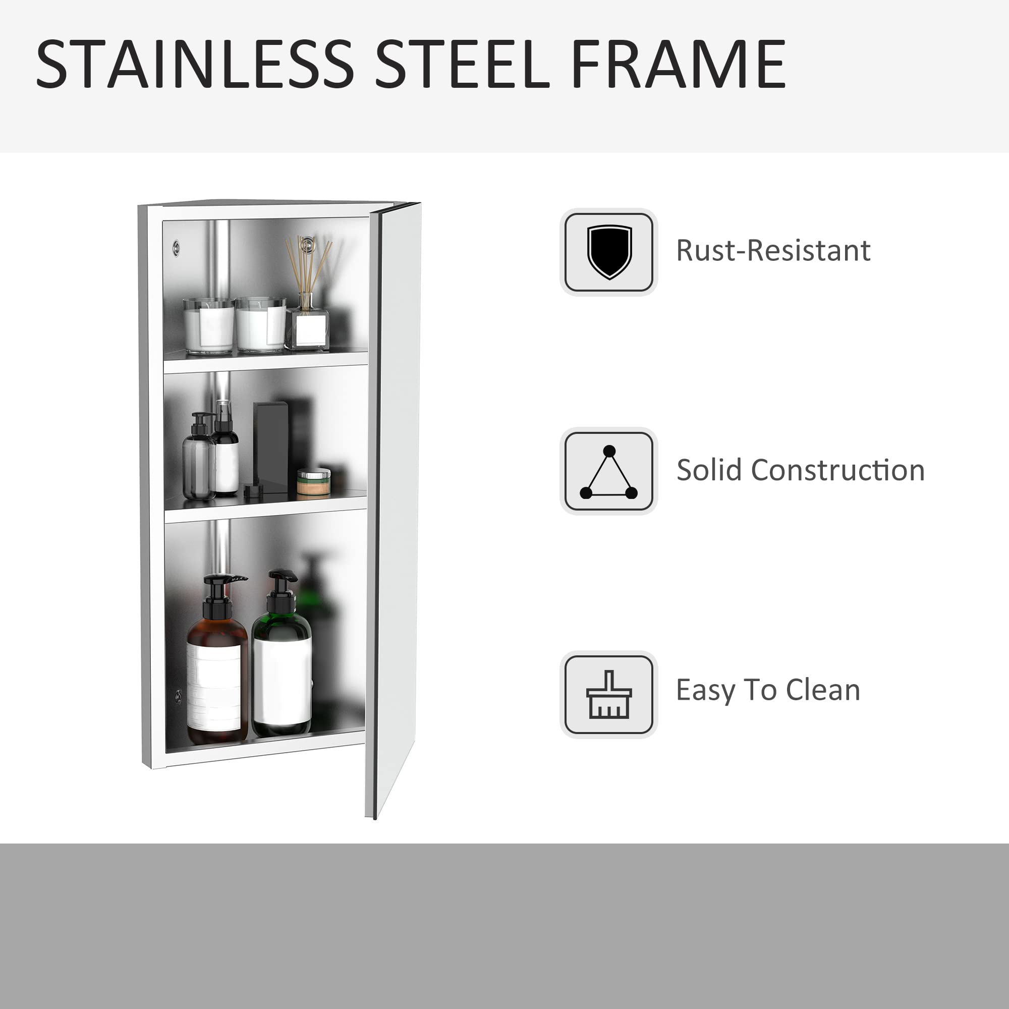 HOMCOM Wall Mount Corner Mirror Cabinet - Stainless Steel | 3 Shelves | Space Saving 7