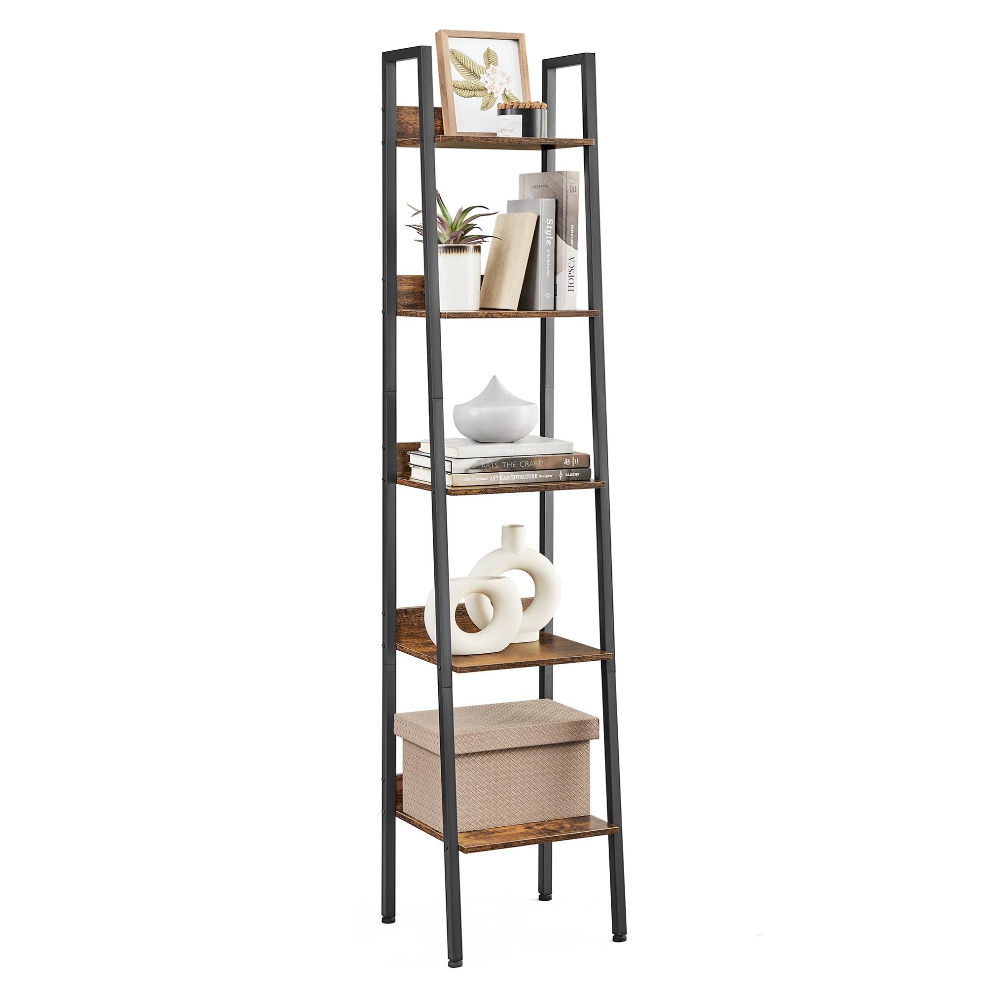 VASAGLE 5-Tier Ladder Bookcase Storage Stand | Rustic Brown & Black | Industrial Style | 50kg Capacity