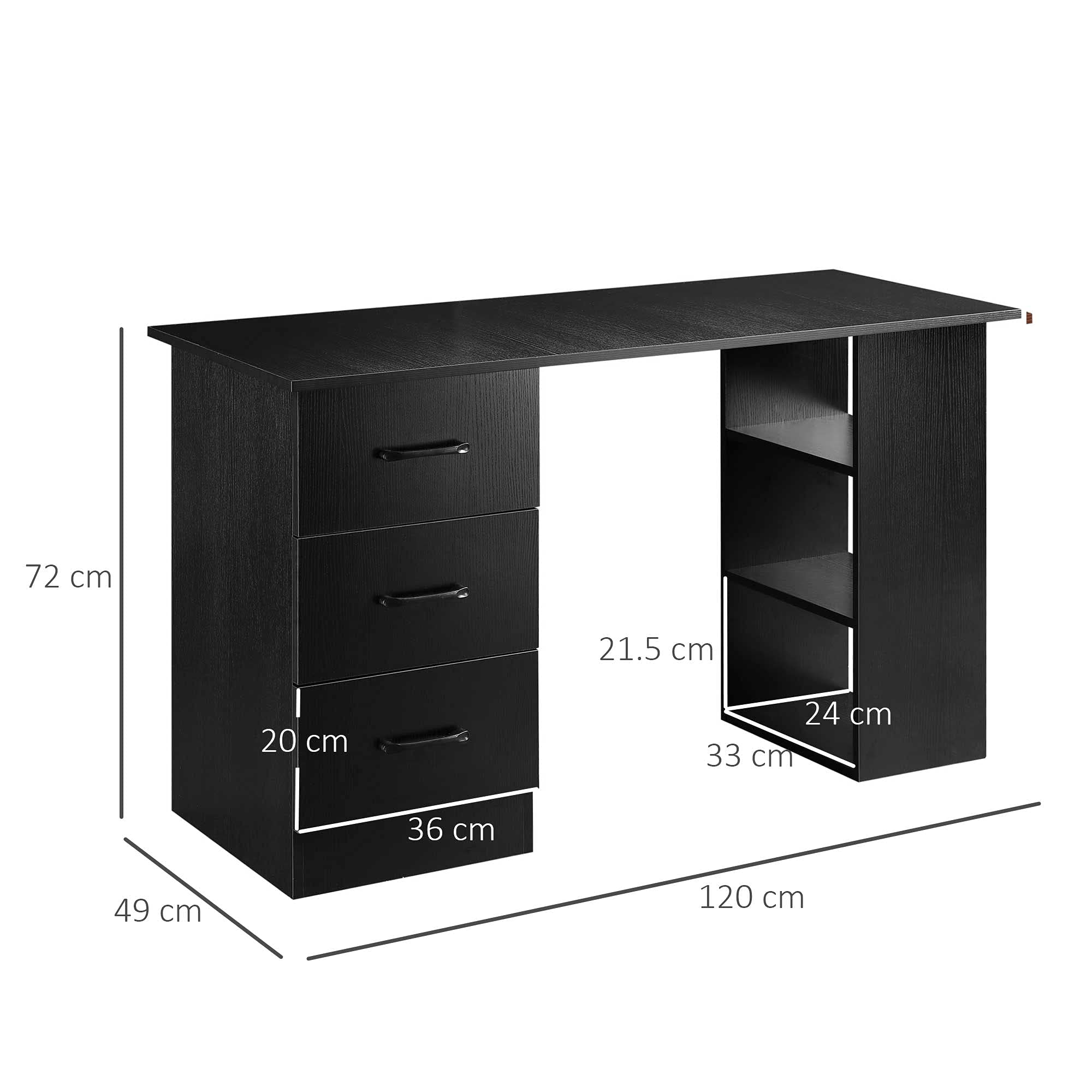HOMCOM Computer Desk with Drawers and Shelves - Reversible Layout | 120 x 49 cm | Black 3