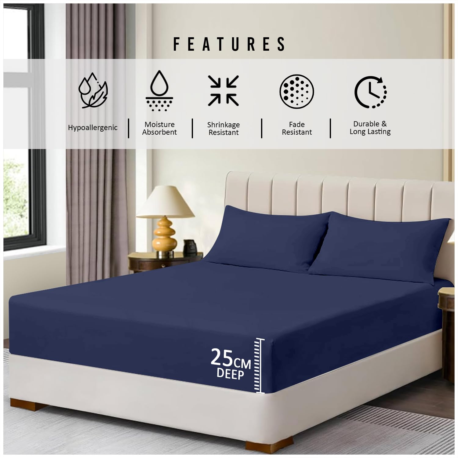 Super Dreamer 100% Polyester Fitted Sheet - Single Bed (91 x 190cm) | Navy | Snug Fit 4