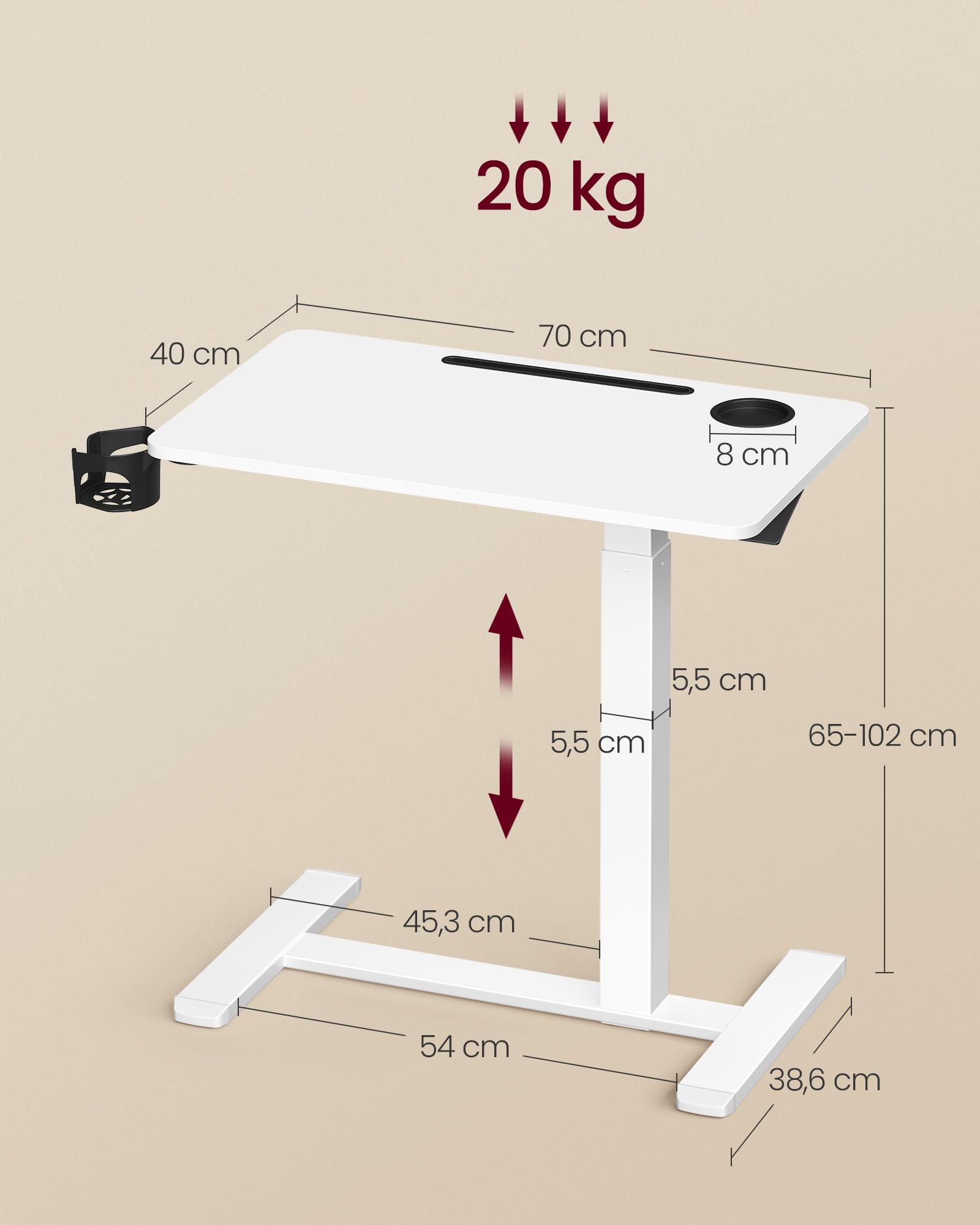 VASAGLE Overbed Table with Wheels - Adjustable Height 65-102 cm | 70 x 40 cm Tabletop | Cloudy White 6