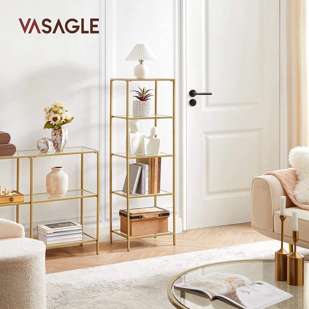 VASAGLE 5-Tier Glass Shelf Bookcase - Tempered Glass, Metallic Gold Frame | 40W x 124.5H cm