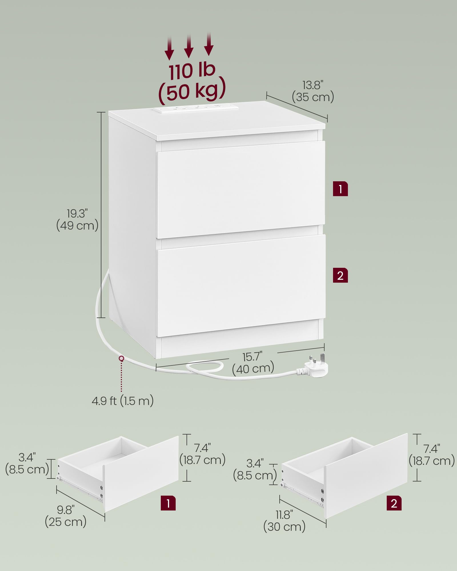 VASAGLE KAILYN Collection Nightstands with Charging Station - Set of 2, Cloud White 2