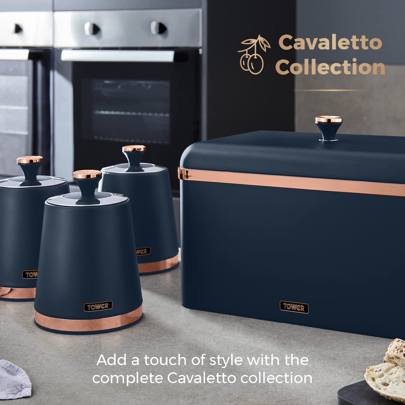 Tower Cavaletto Set of 3 Storage Canisters for Tea/Coffee/Sugar | 1.3L Capacity | Midnight Blue & Rose Gold 6