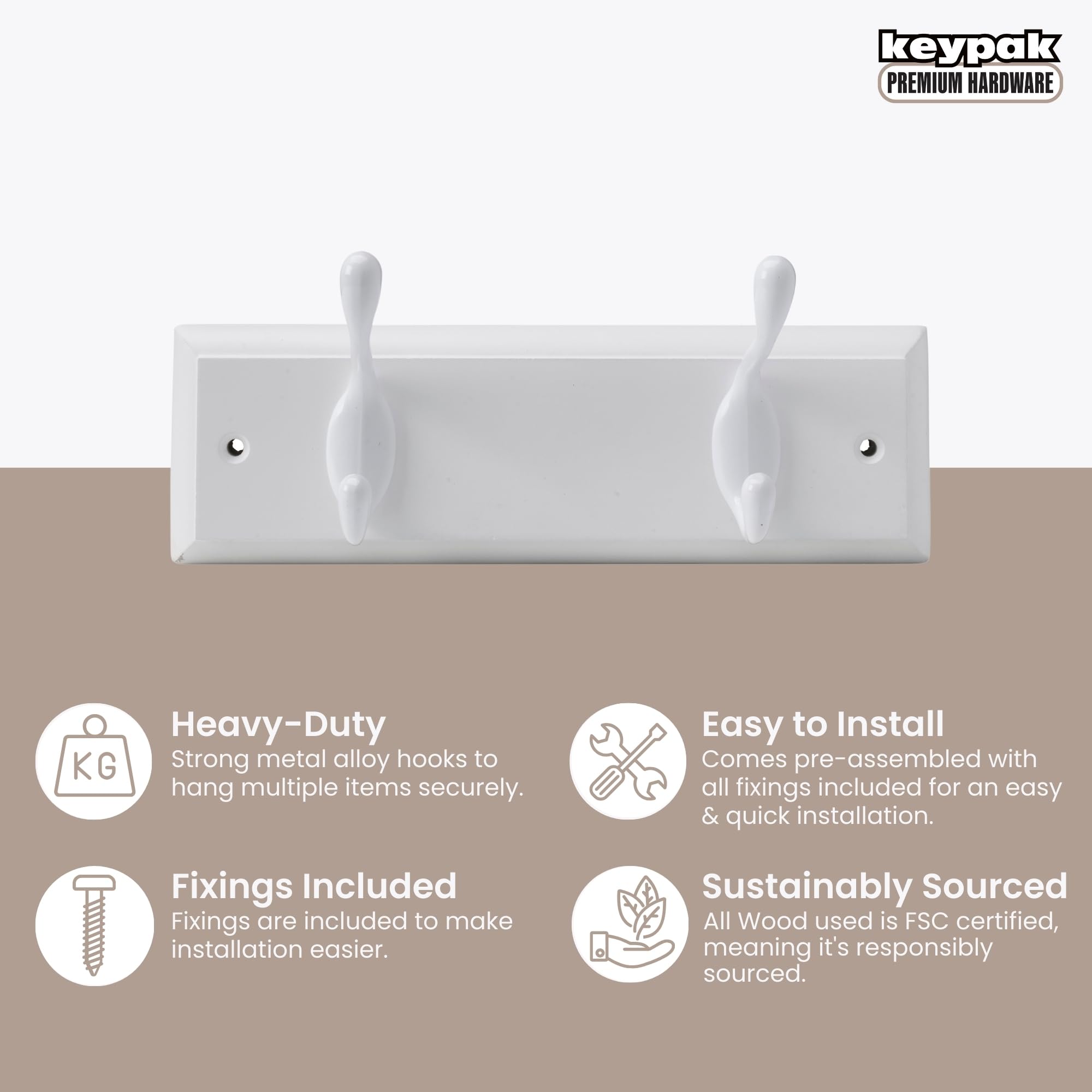 keypak 2-Hook Wall Coat Rack - White Wood Board | Holds up to 3.4kg Per Hook | Easy Install