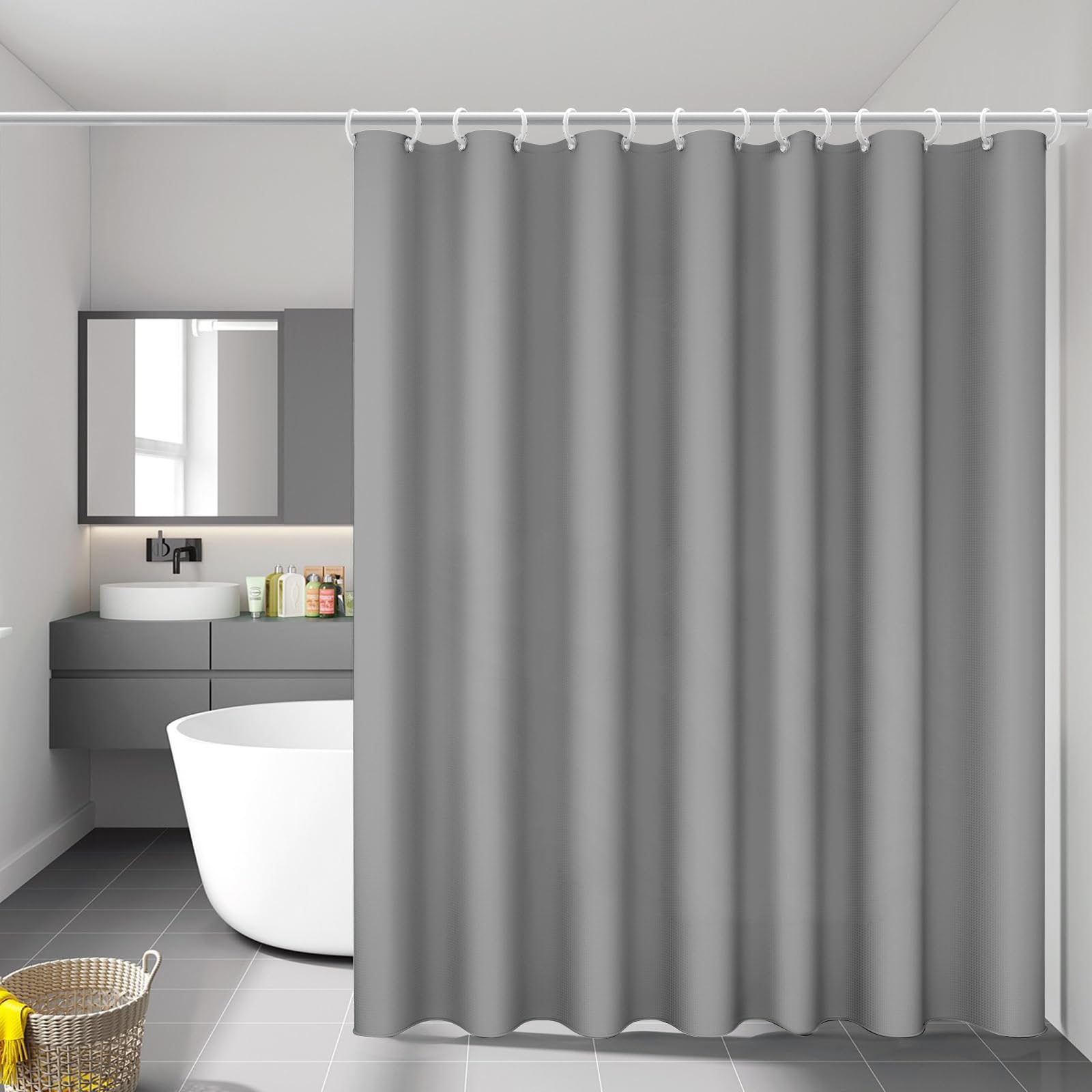 Vinabo Grey PEVA Shower Curtain - 180 x 200 cm Waterproof & Quick Drying | Includes 12 Hooks 4