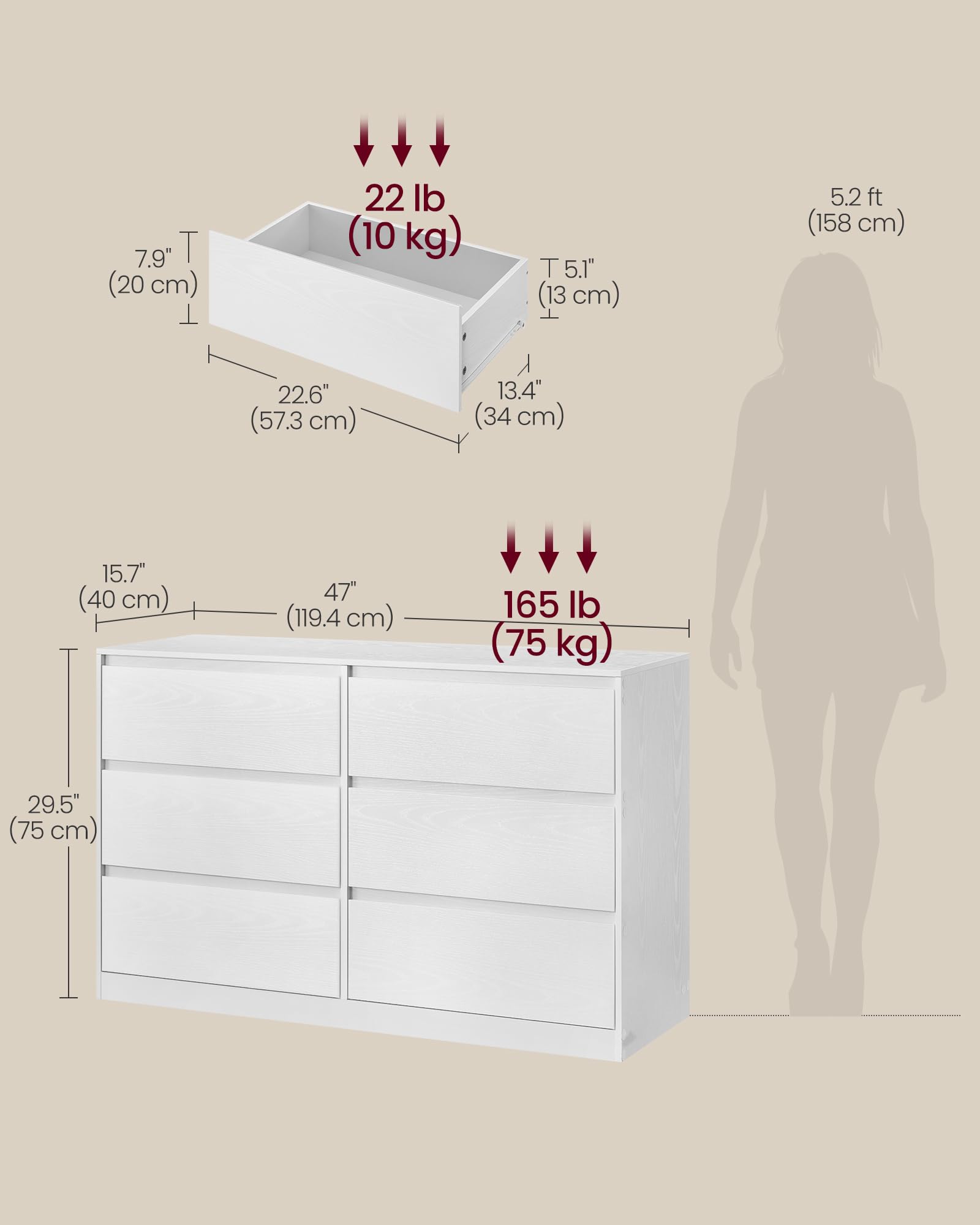 VASAGLE KAILYN Collection Chest of Drawers - 6 Drawers | Snow White | Particleboard & MDF 2