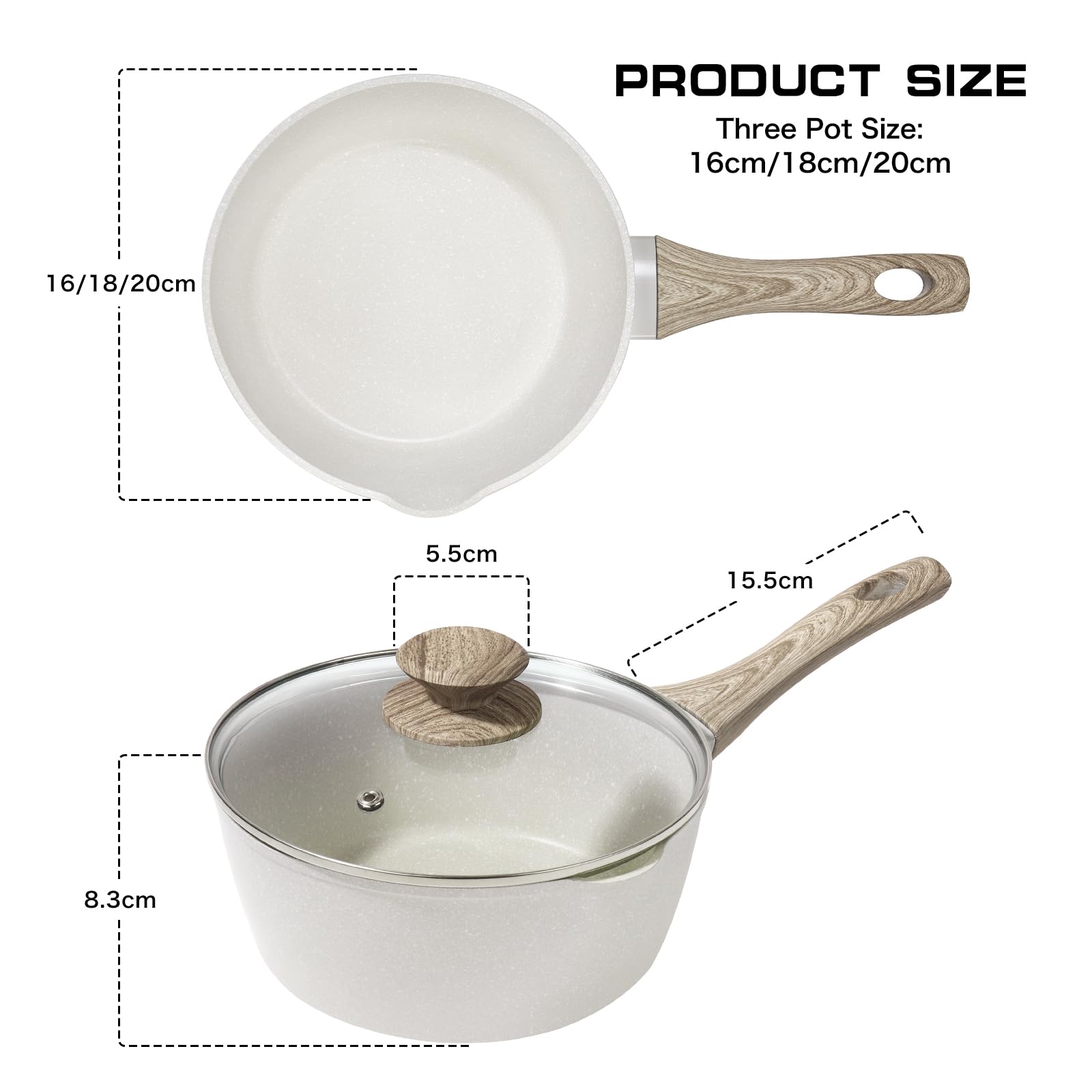 Rainberg Nonstick Granite Saucepan Set with Lid, 3-Piece (16, 18, & 20cm) | Induction Compatible | Beige 8