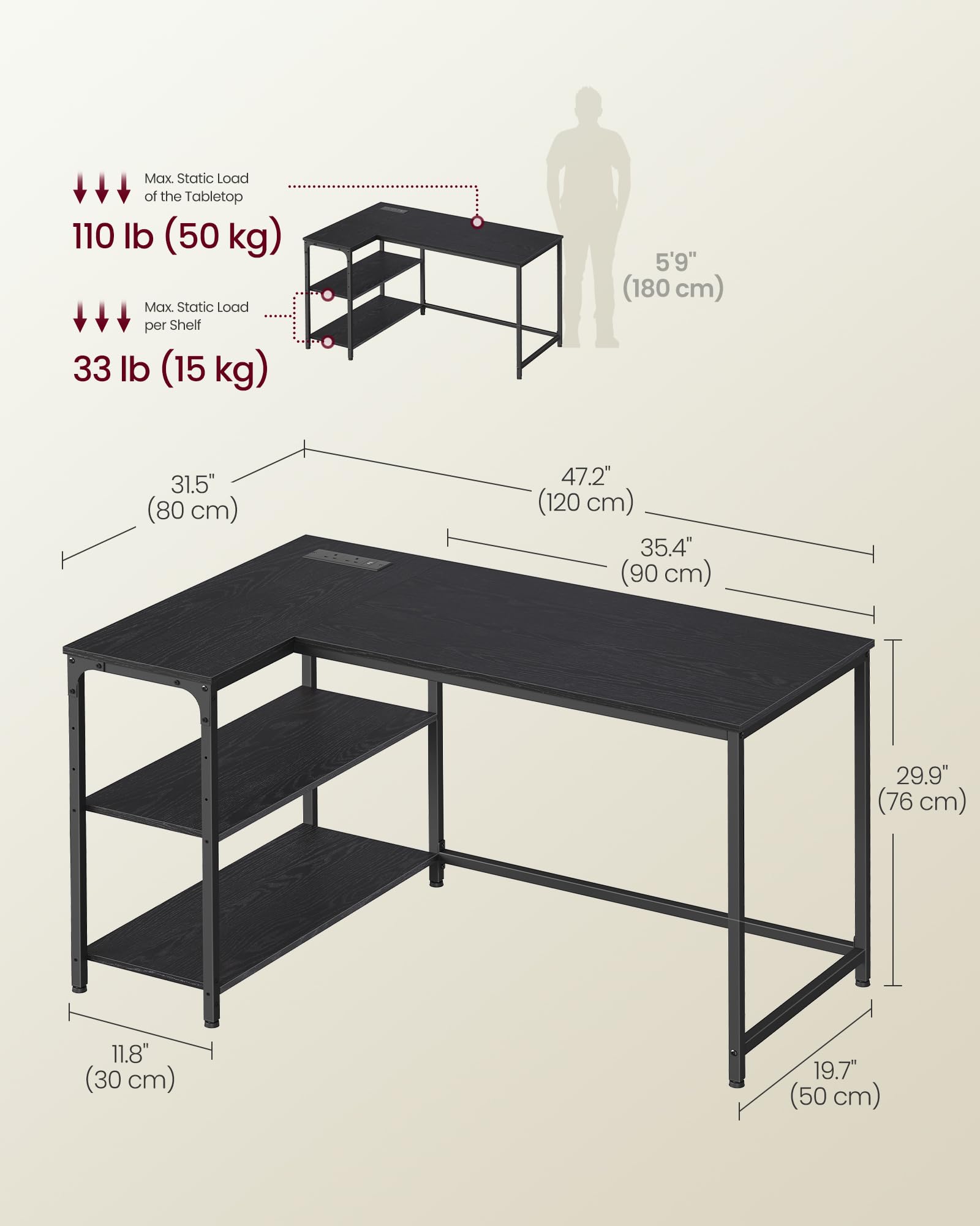 VASAGLE L-Shaped Computer Desk with Built-In Charging | 120 x 80 cm | Ebony Black 3