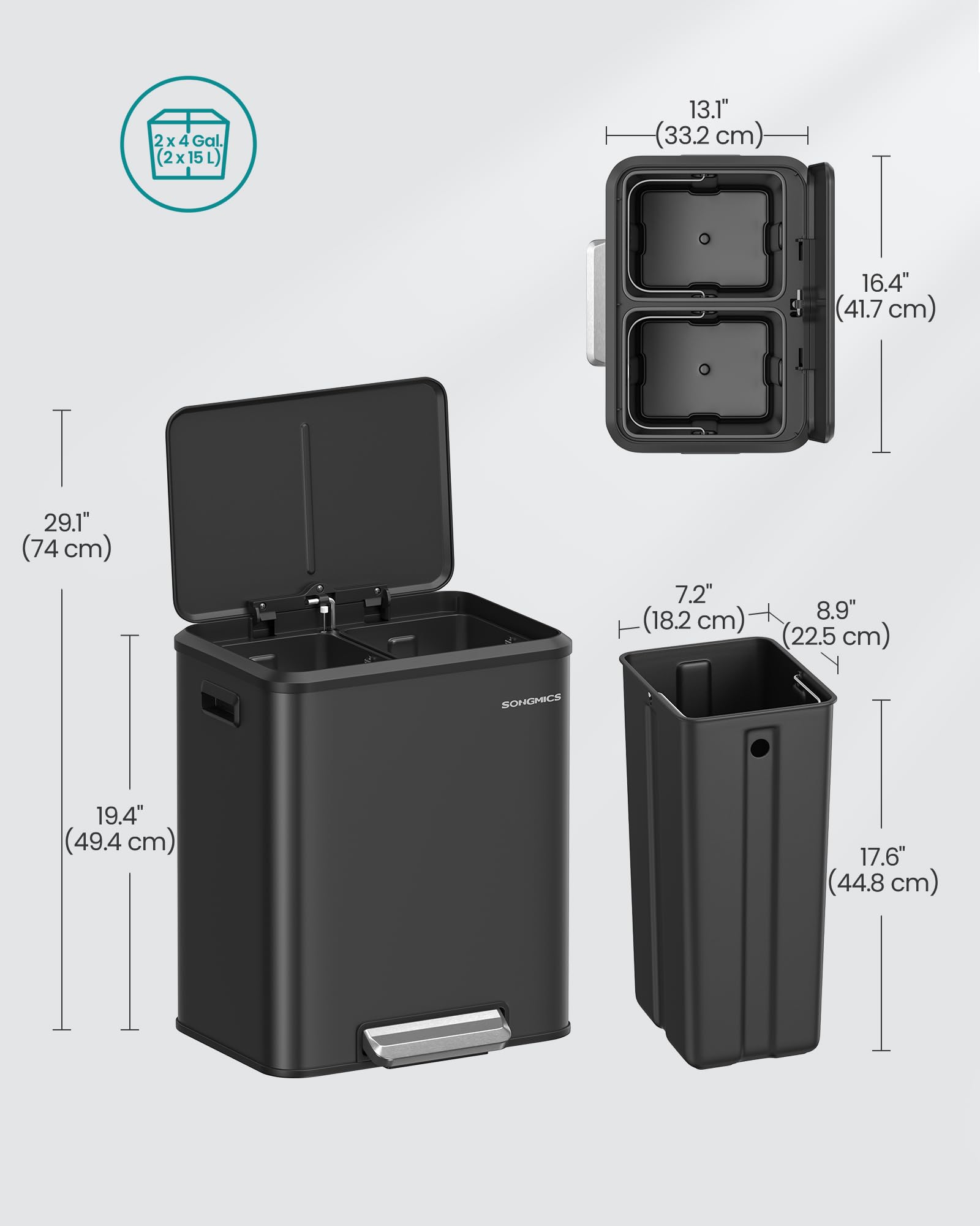 SONGMICS Kitchen Bin - Double Compartment Recycling System | 2 x 15L Capacity | Ink Black Steel 6