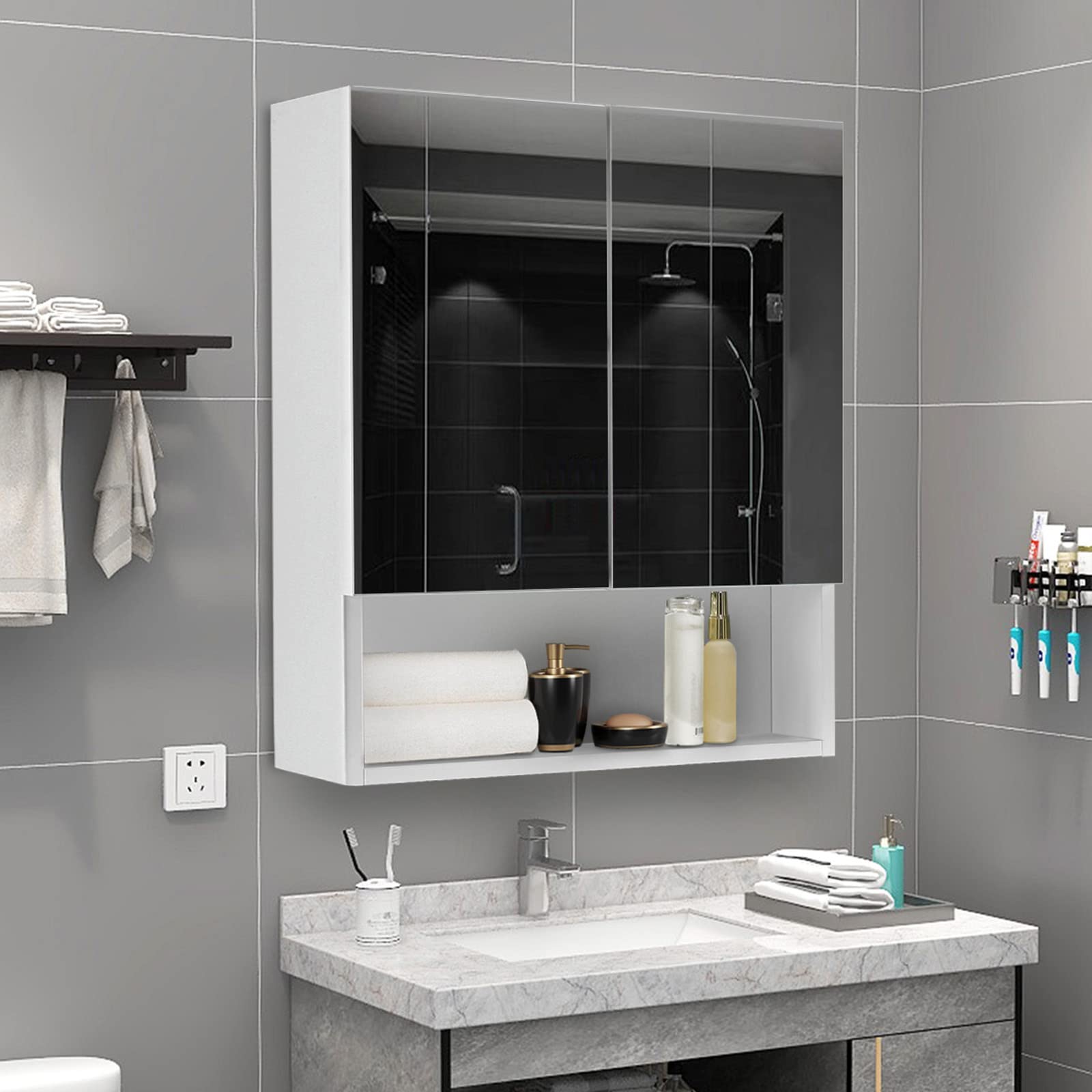 TUKAILAi 2-Door Wall Mounted Bathroom Mirror Cabinet with Adjustable Shelves | White | 50x60x13cm 7