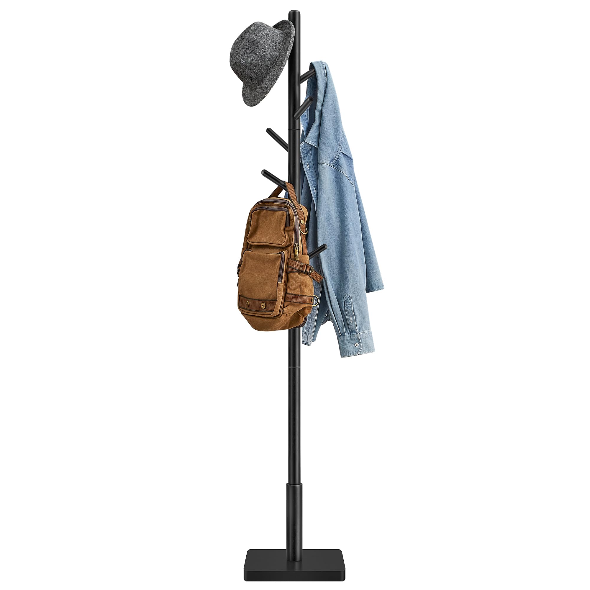 VASAGLE Freestanding Solid Wood Coat Rack | Adjustable Height | Ink Black | Holds 24 kg