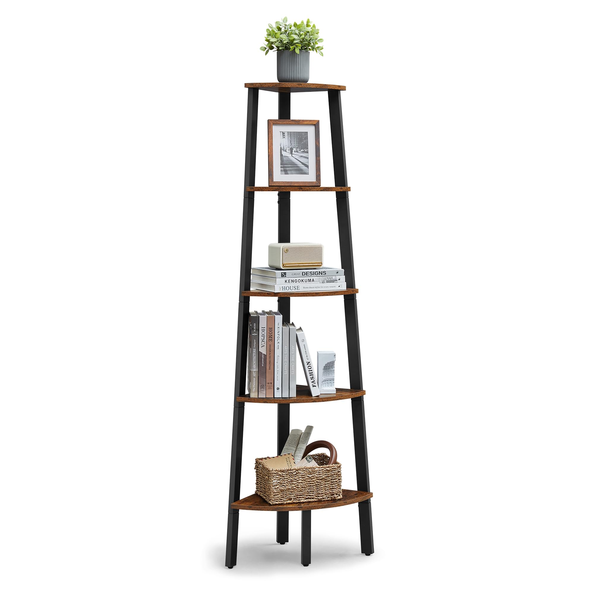 VASAGLE Industrial Corner Bookcase - 5 Tier Shelf | Rustic Brown & Black | LLS35X 1