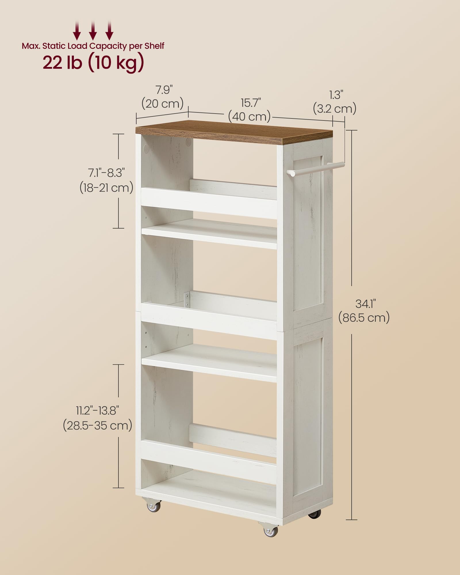 VASAGLE 4-Tier Slim Storage Trolley - 20 cm Wide | Rustic White + Honey Brown | 10 kg/Tier Capacity 6